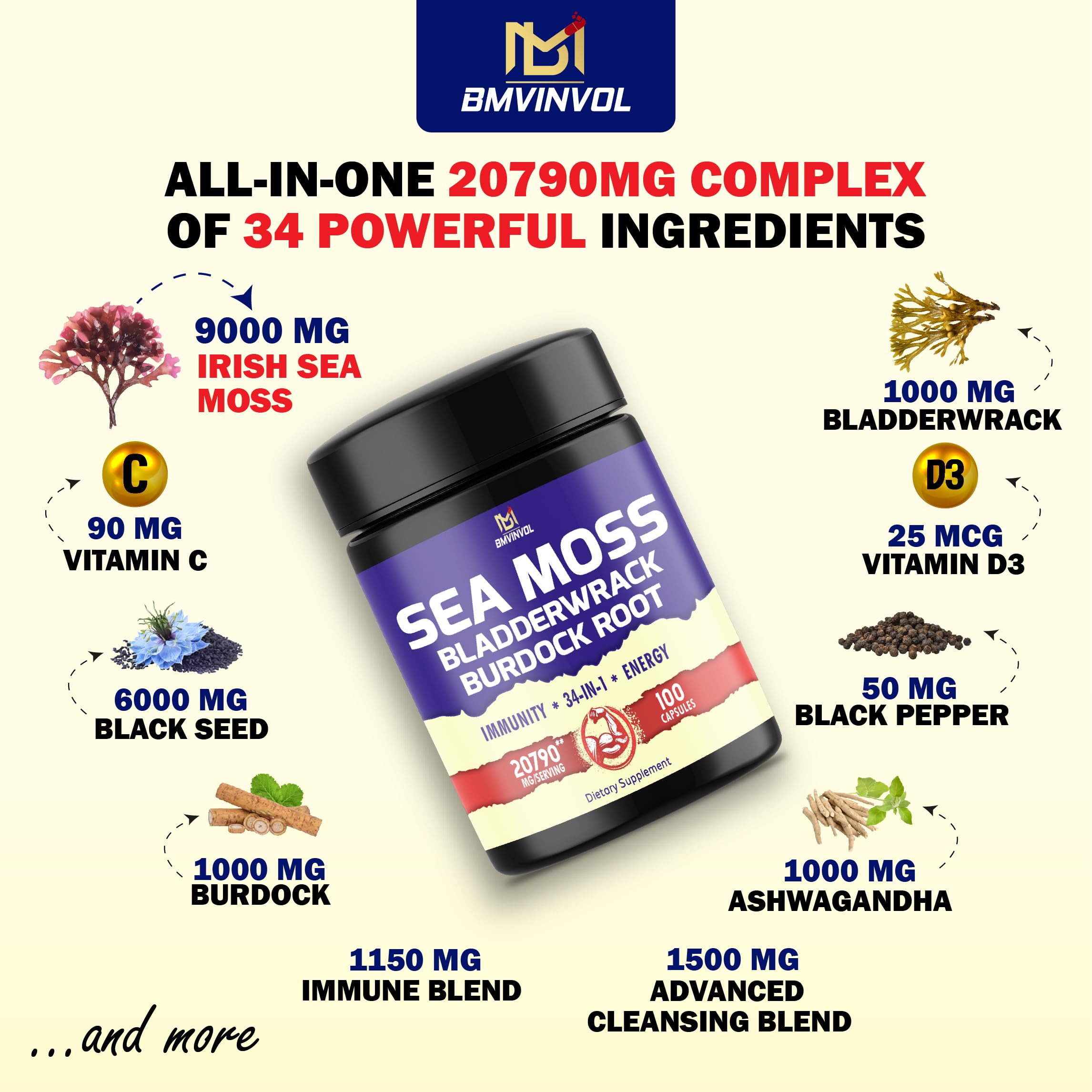 BMVINVOL 100 Capsules - Sea Moss Capsules 20790mg with Bladderwrack, Burdock BMVINVOL