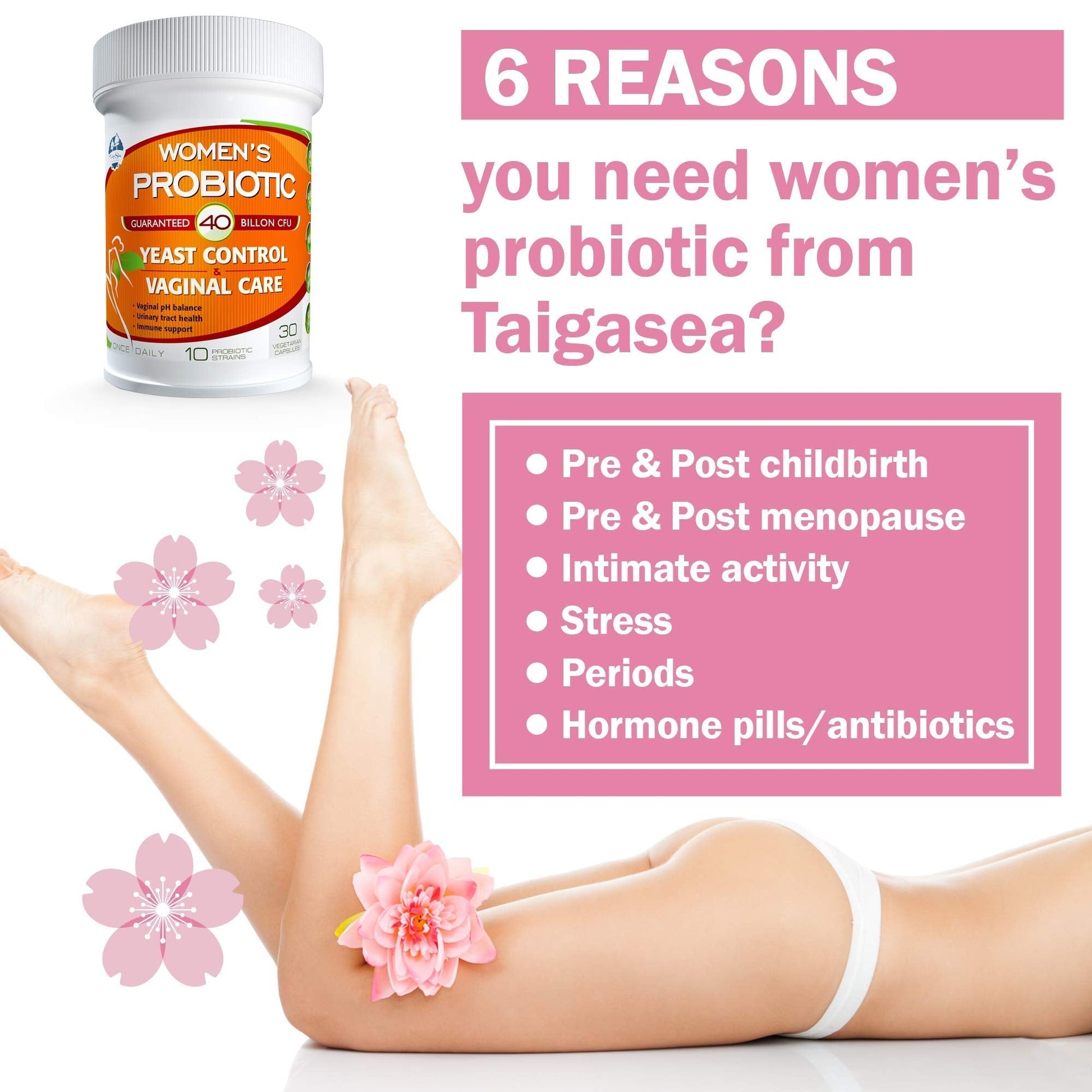 TAIGASEA Probiotics for Women, 40 Billion CFU, 10 Strains for Yeast Control, Vaginal and Urinary Tract Health TAIGASEA