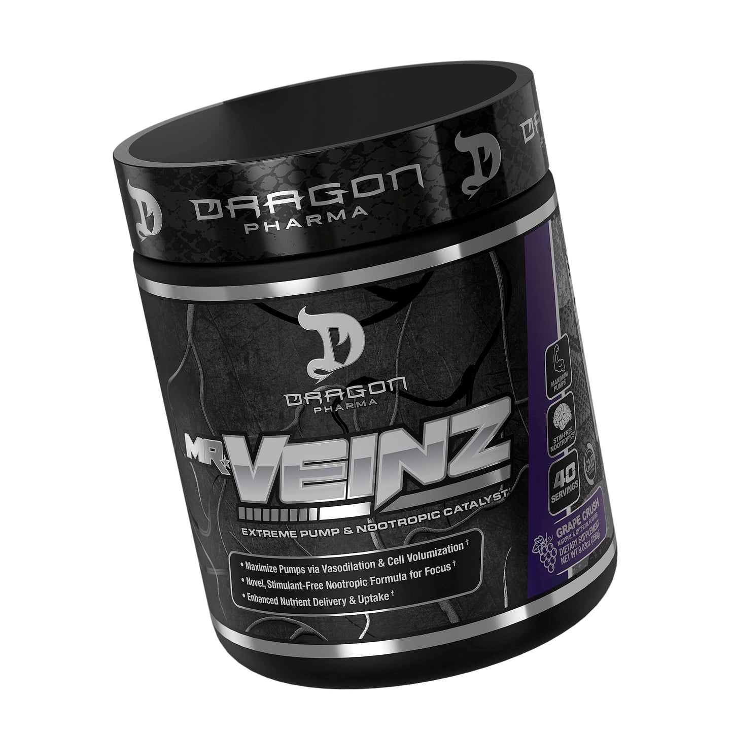 DRAGON PHARMA Mr. Veinz Stim Free Pre-Workout, Extreme Pump & Nootropic Catalyst, Maximize Pumps via Vasodilation & Cell Volumization, Stimulant-Free Formula for Focus (40 Servings, Apple Juice)