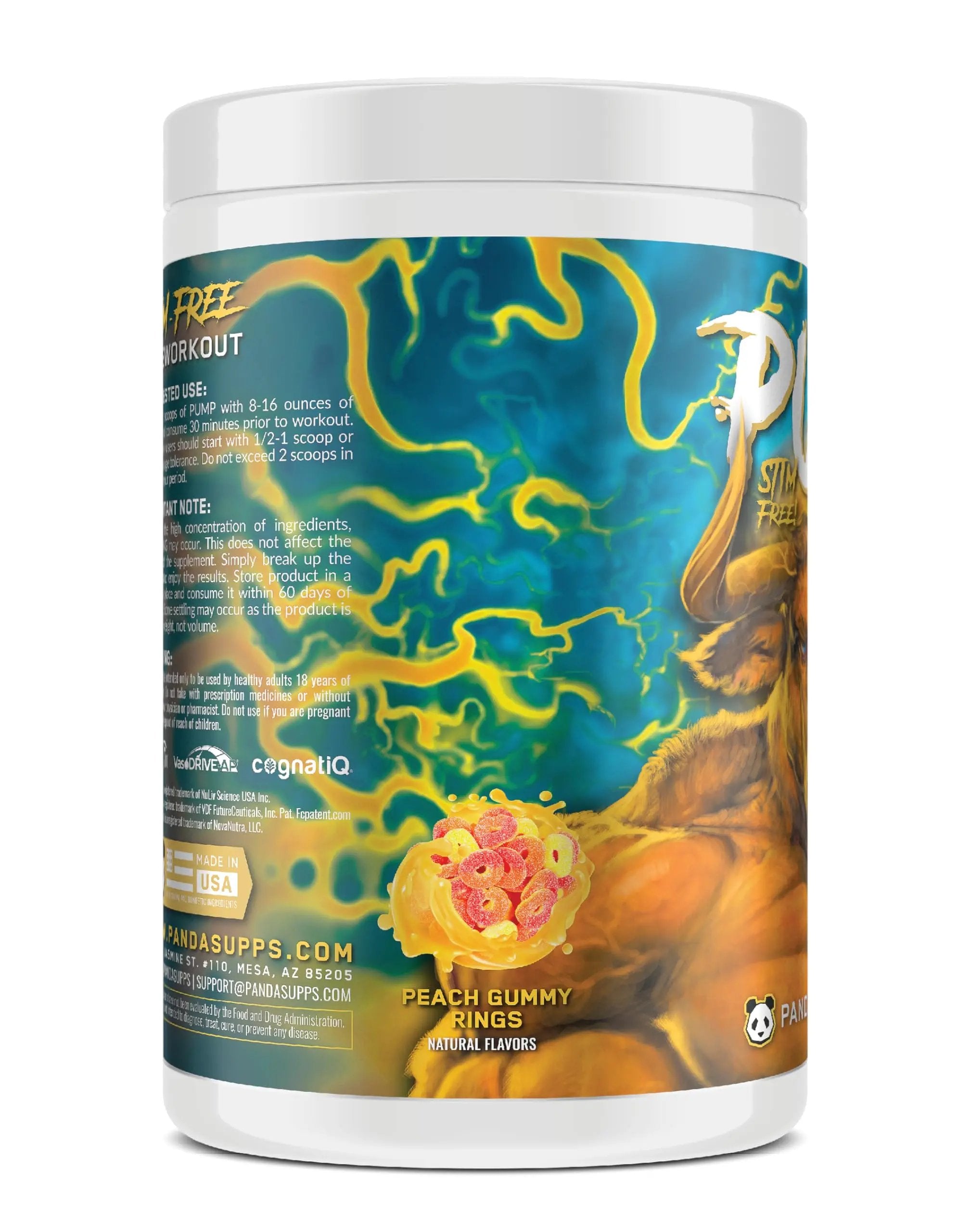 Underground Bio Labs Panda Supps Pump: Stimulant-Free Pre-Workout, No-Clump Formula w/10G L-Citrulline Malate, Alpha GPC, Lions Mane,CognatiQ™, AmentoPump™ 40 Scoops (Peach Gummy Rings)