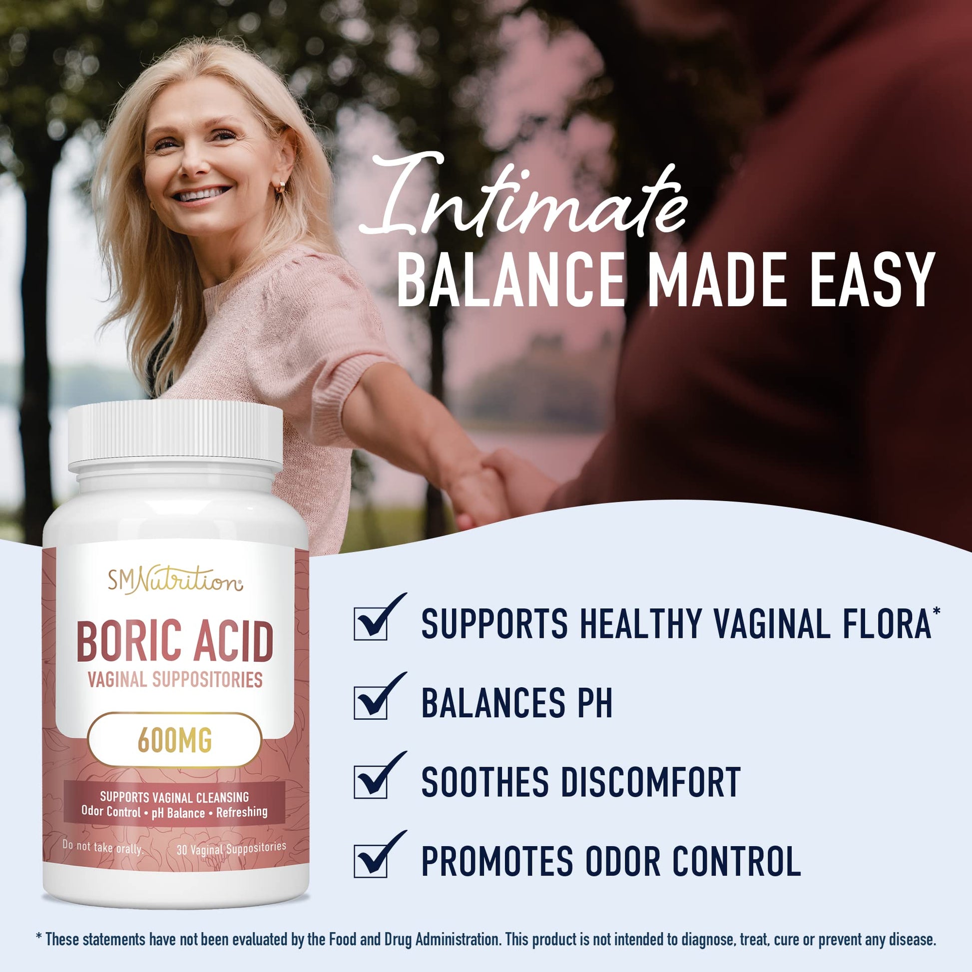 Boric Acid Suppositories for Women | 600mg | for pH Balance, Vaginal Odor & Itching | Feminine Intimate Health SMNutrition