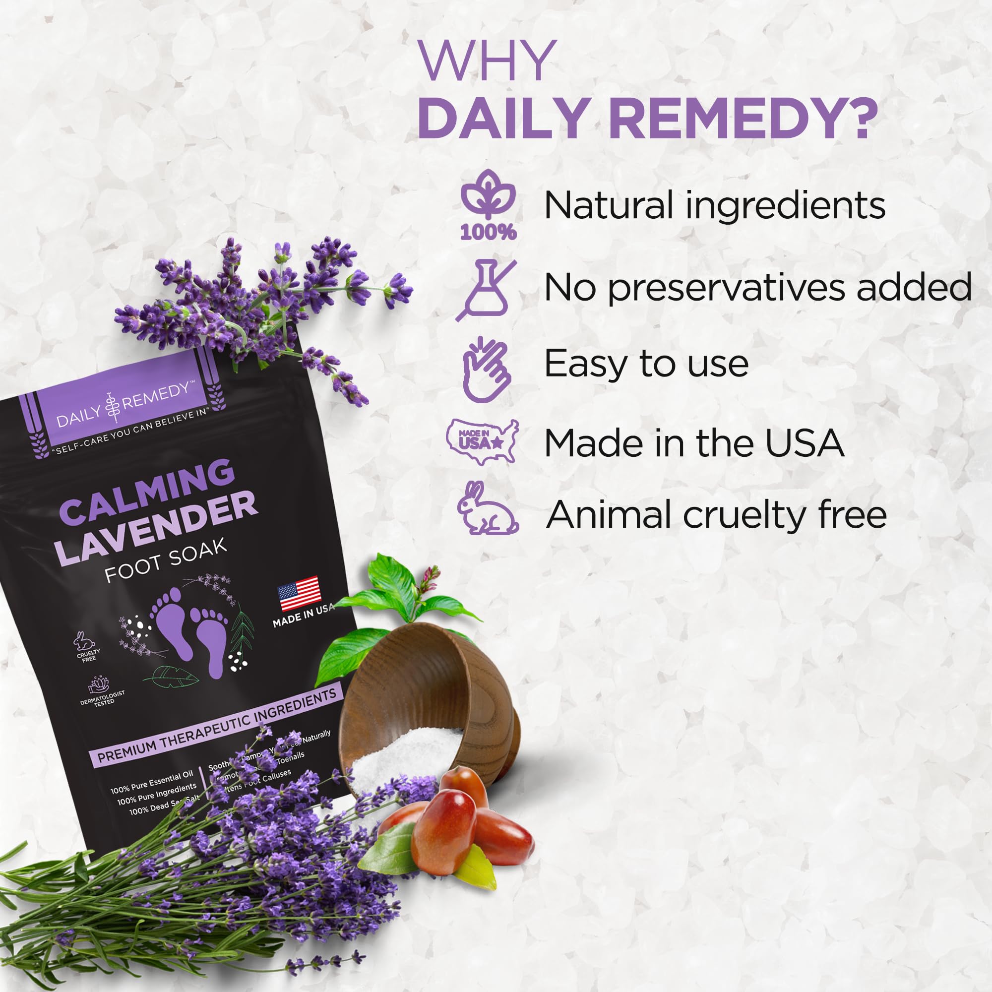 Calming Lavender Foot Soak with Epsom Salt, Made in USA, Foot Soak Soothes Sore Tired DAILY REMEDY