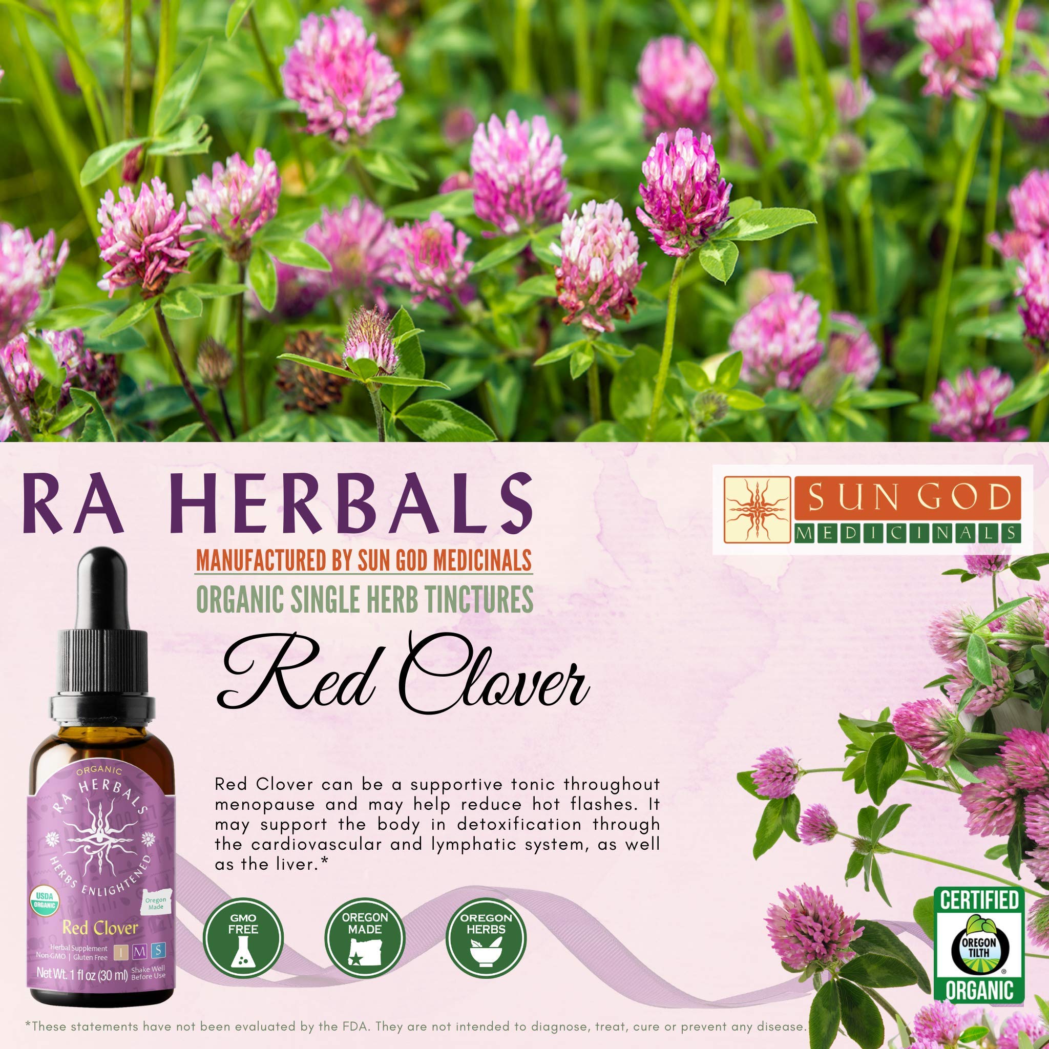 Ra Herbals Organic Red Clover Liquid Extract - Menopause Support - 1 fl oz Sun God Medicinals