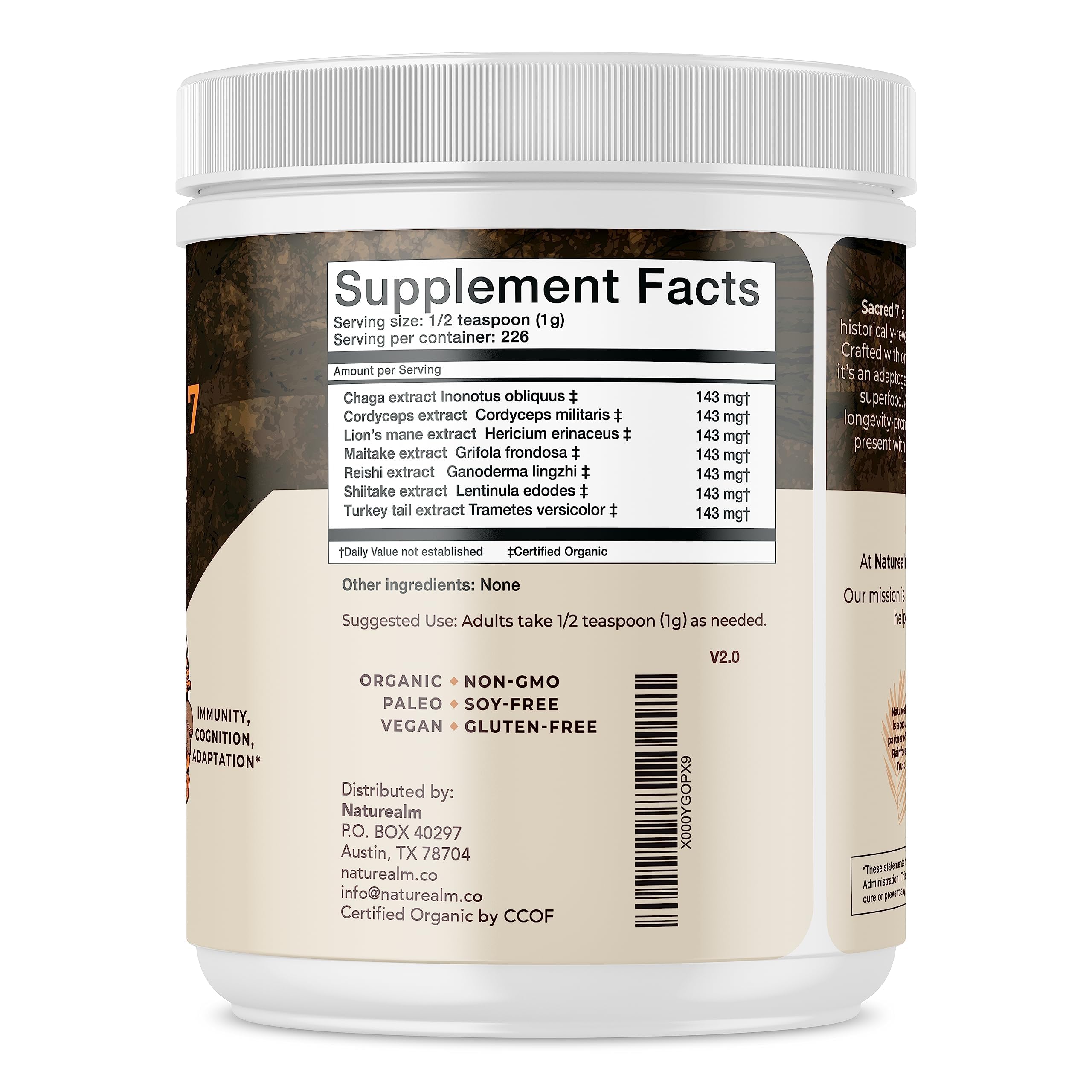 Naturealm Sacred 7 Mushroom Extract Powder - USDA Organic - Lion's Mane, Reishi Naturealm