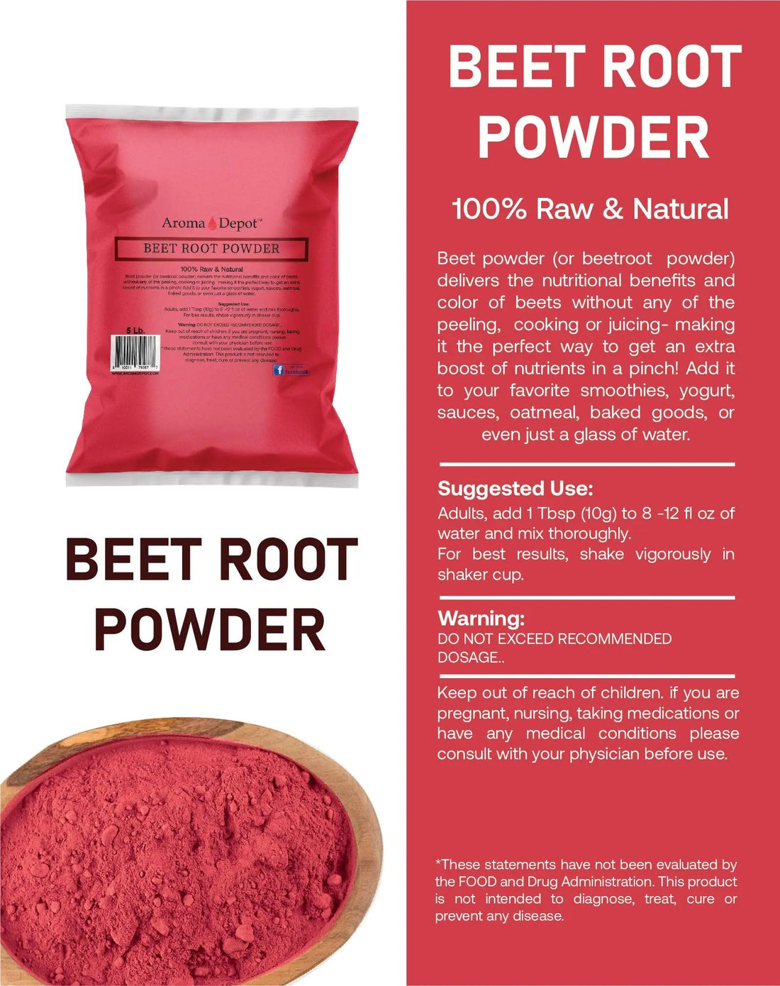 Beet Root Powder 5 lb. by Aroma Depot Raw & Non-GMO I Vegan & Gluten Free I Nitric Oxide