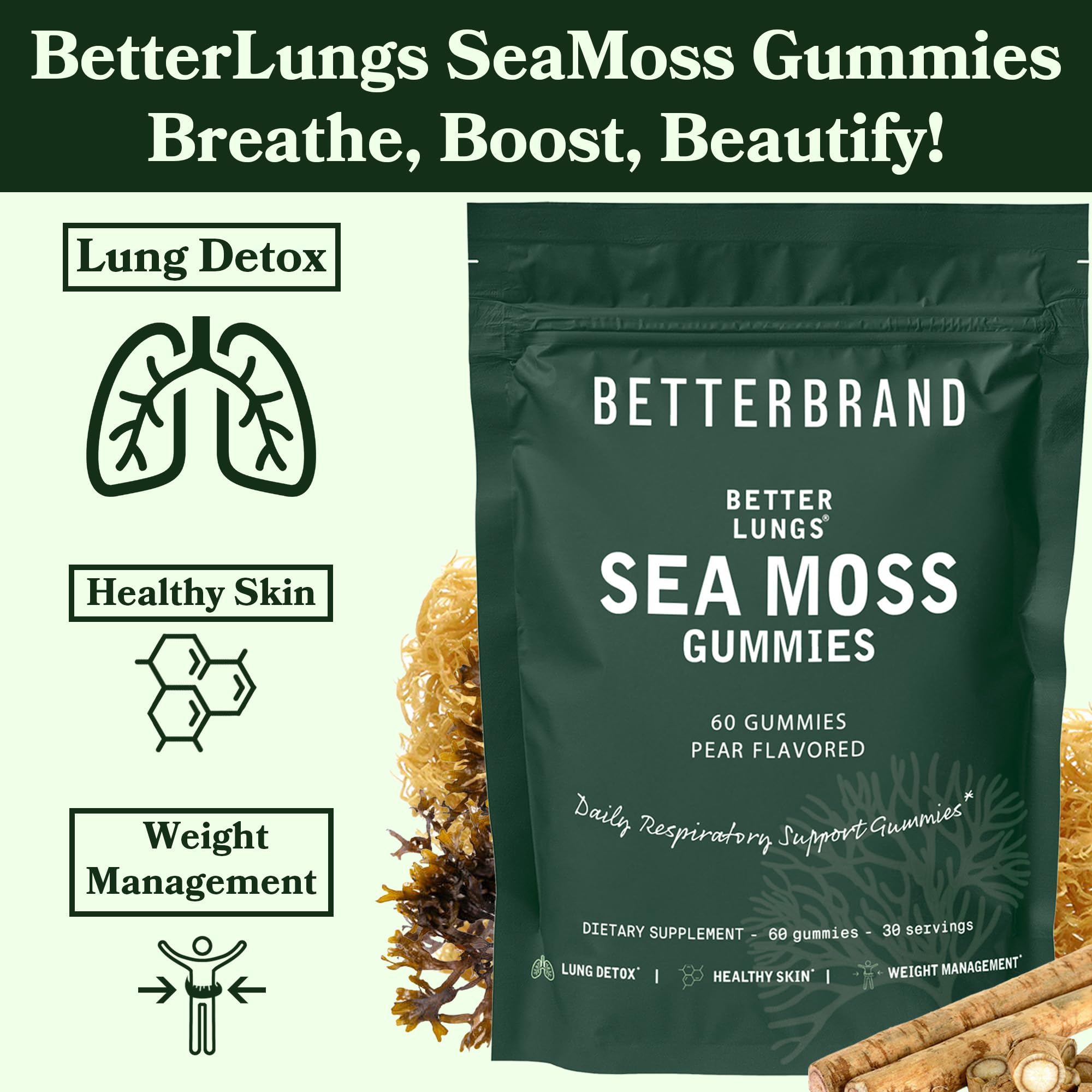 Betterbrand BetterLungs Pear Flavored Sea Moss Gummies - 1600mg Bladderwrack Betterbrand