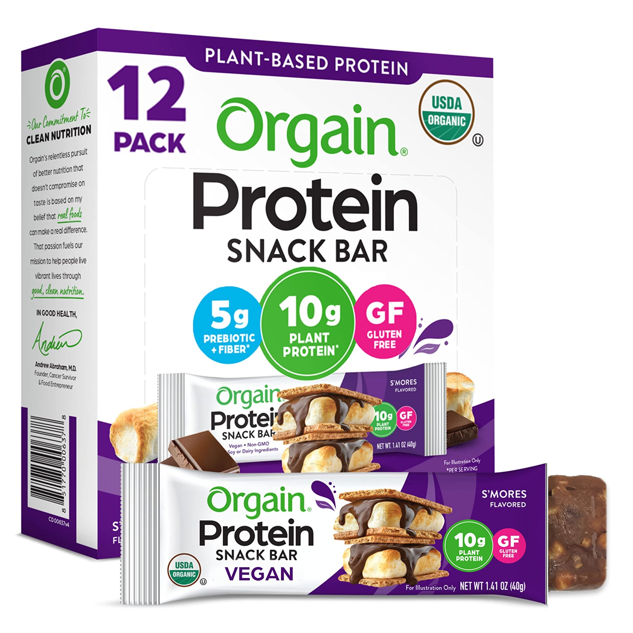 Orgain Organic Vegan Protein Bars, Smores - 10g Plant Based Protein, Gluten Free Snack 