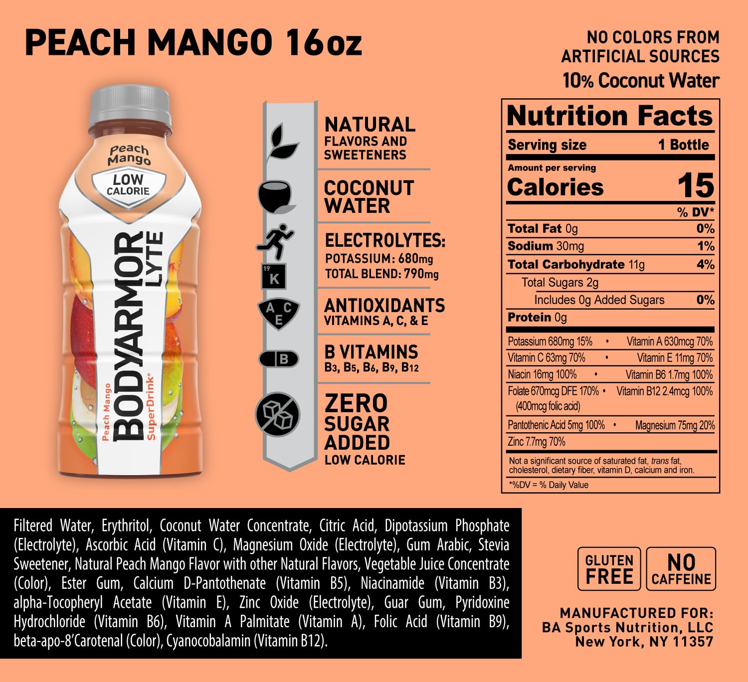 BODYARMOR LYTE Sports Drink Low-Calorie Sports Beverage, Peach Mango, Coconut BODYARMOR