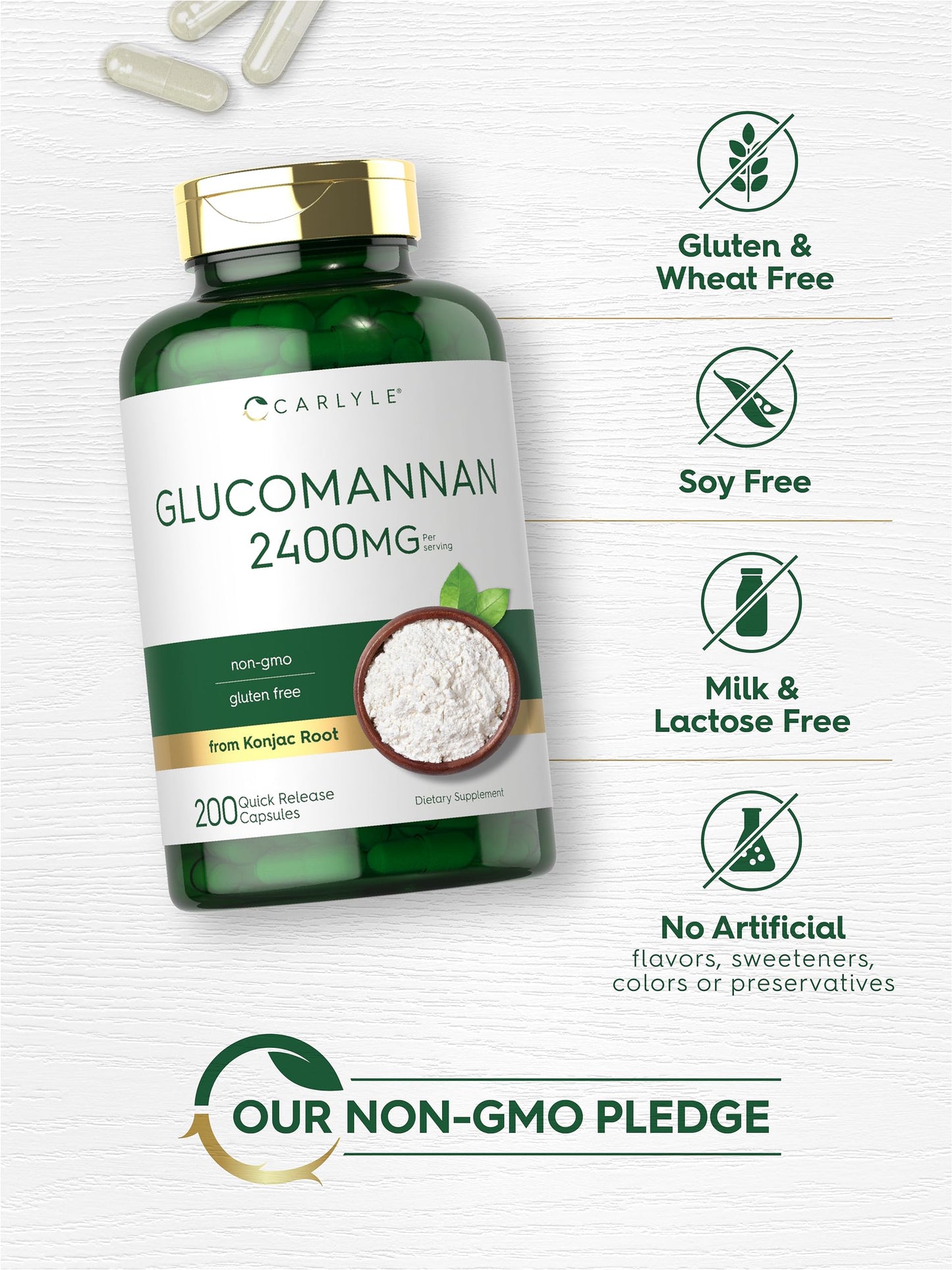 Carlyle Glucomannan Capsules | 200 Count | Soluble Fiber Pills | Non-GMO