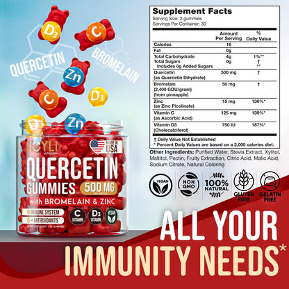 JOYLI Quercetin Gummies - Pure Quercetin with Bromelain Zinc Vitamin C & Vitamin D3