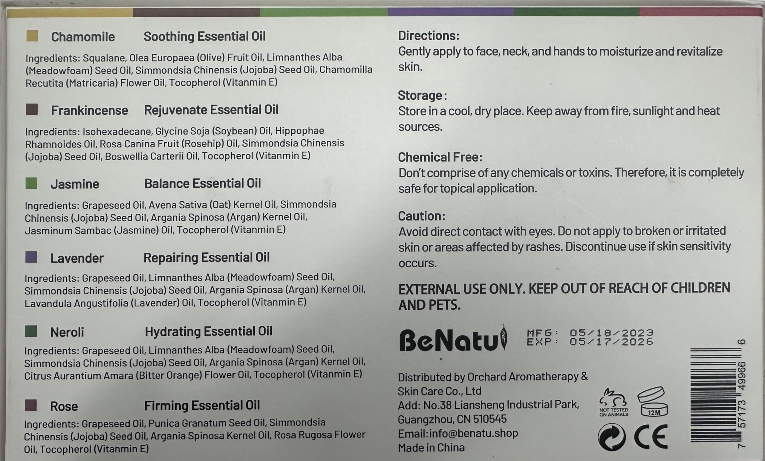 benatu 6-Pack Facial Essential Oils - Skin Care Set, 100% Pure Plant Extraction, Safe for Sensitive Skin benatu