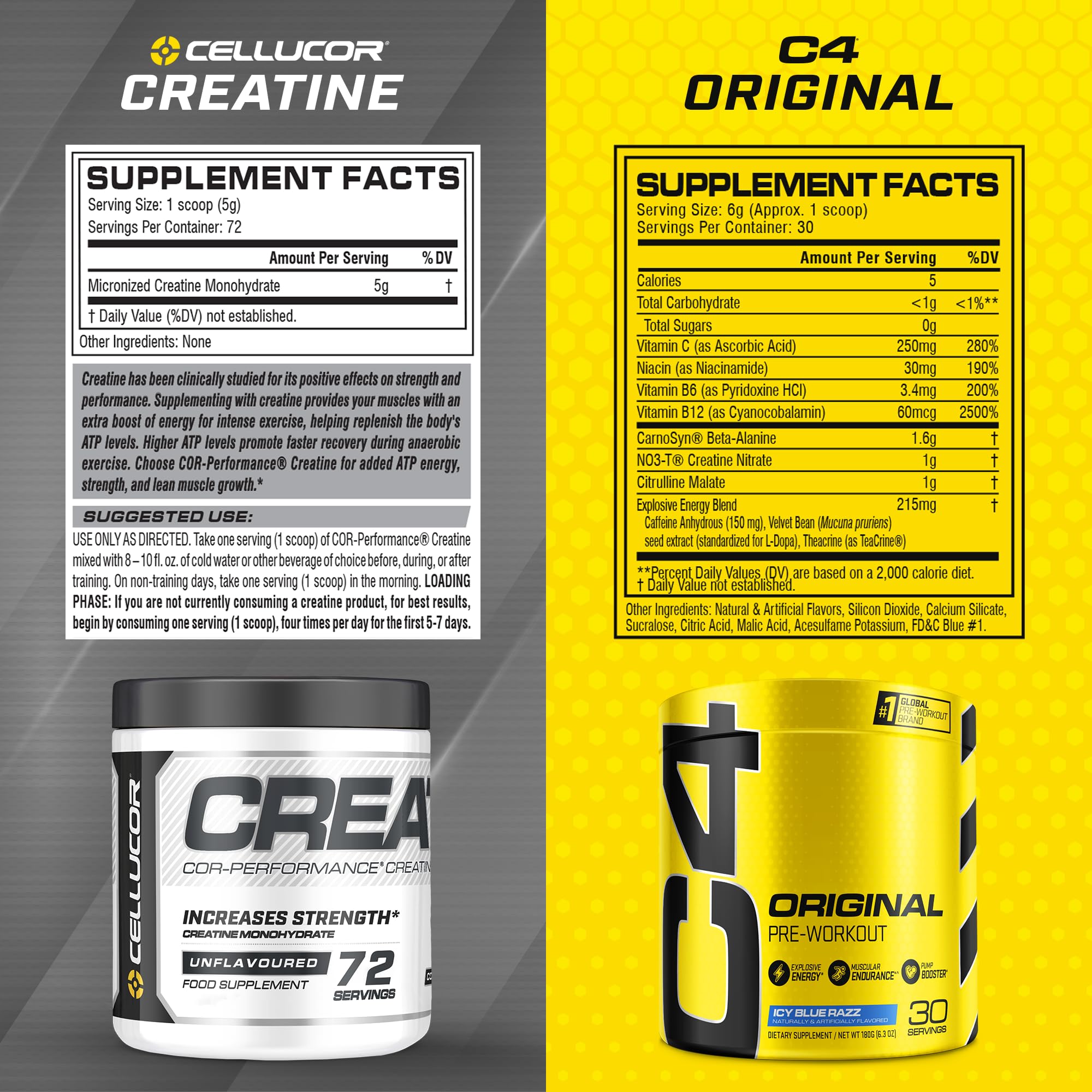 Cellucor Pre Workout & Creatine Bundle, C4 Original Pre Workout Powder, Icy Blue Razz Cellucor