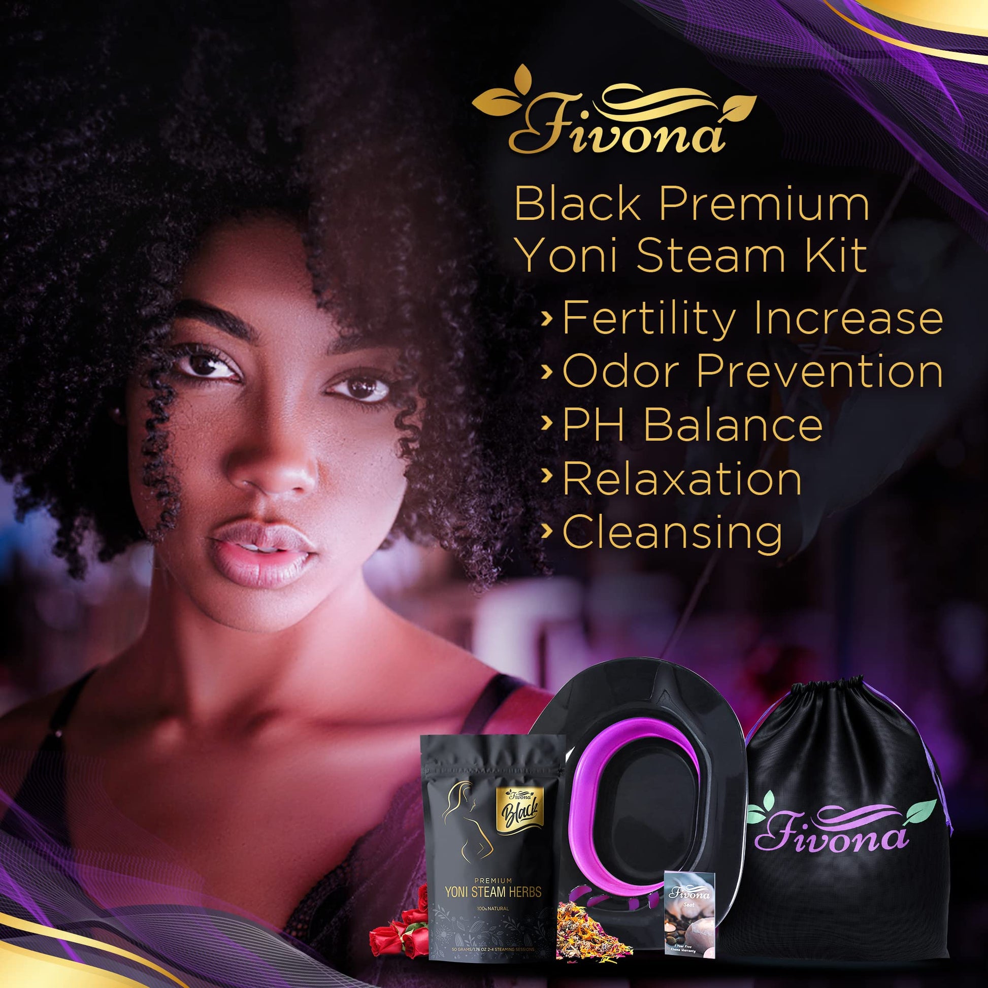 Fivona 3-in-1 Yoni Steam Kit Black - Foldable Over The Toilet Steamer Seat with Herbal Blend and Storage FIVONA