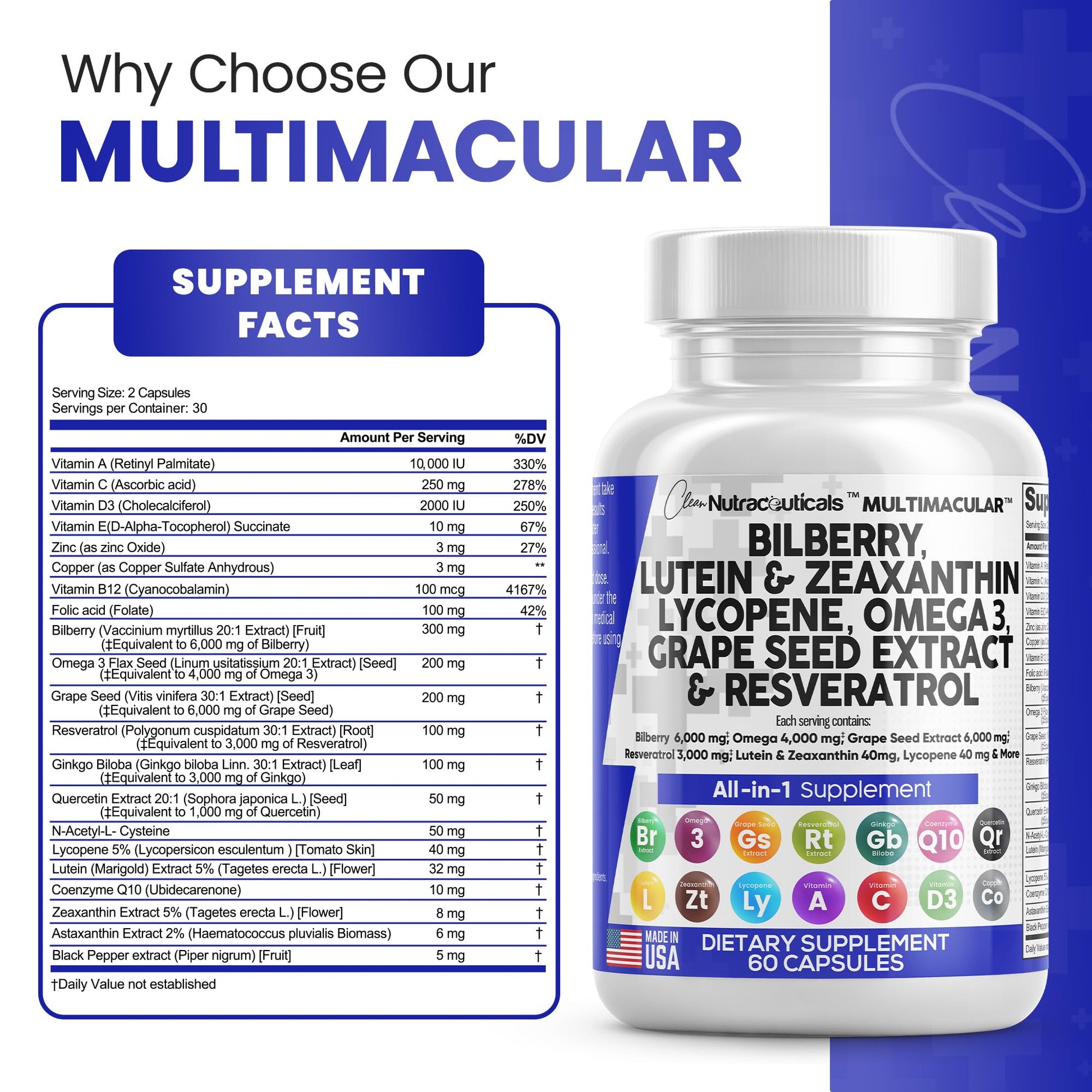 Eye Health Vitamins with Bilberry 6000mg Lutein & Zeaxanthin 40mg Lyco