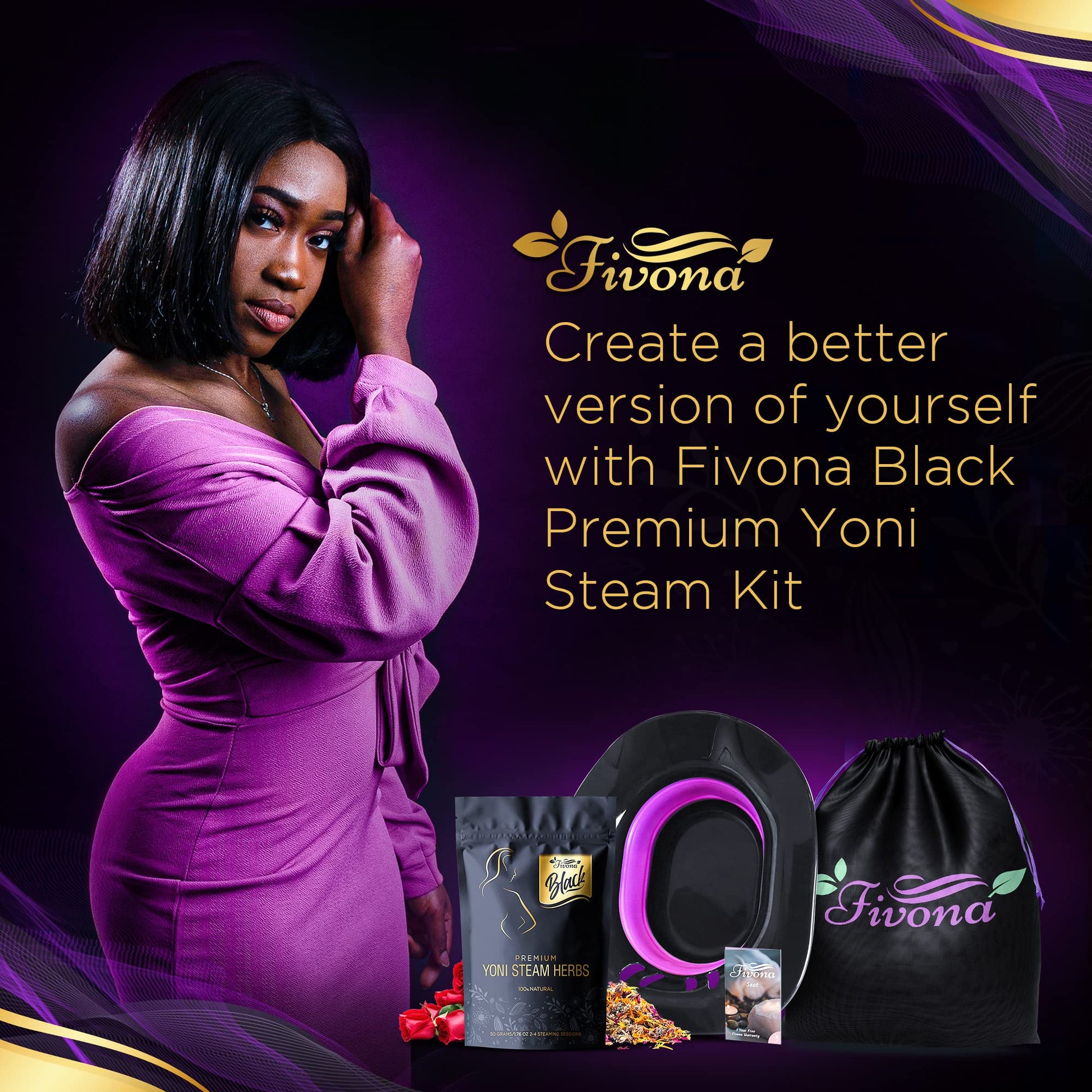 Fivona 3-in-1 Yoni Steam Kit Black - Foldable Over The Toilet Steamer Seat with Herbal Blend and Storage FIVONA