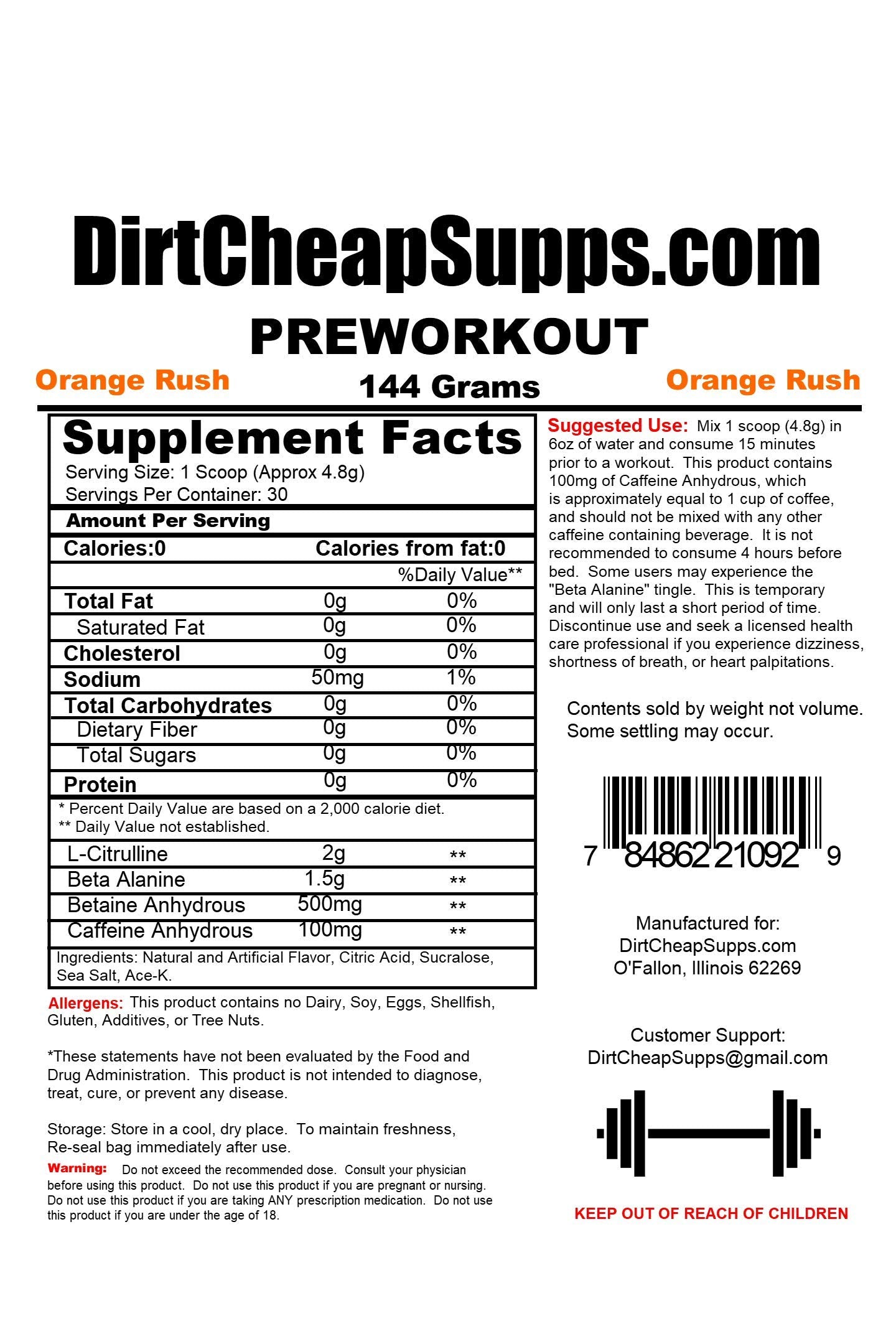 DirtCheapSupps Pre Workout (30 Servings) Orange - Increase Pump and Energy