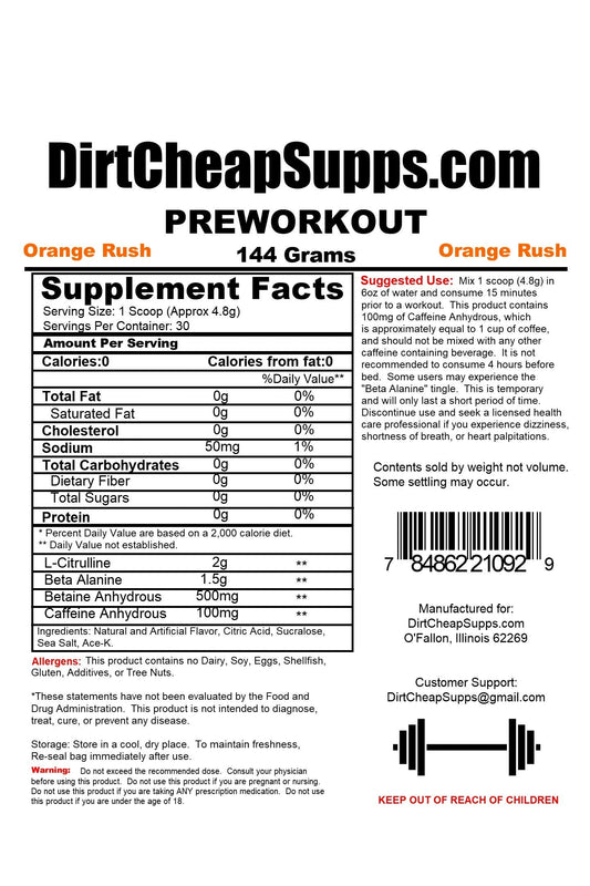 DirtCheapSupps Pre Workout (30 Servings) Orange - Increase Pump and Energy