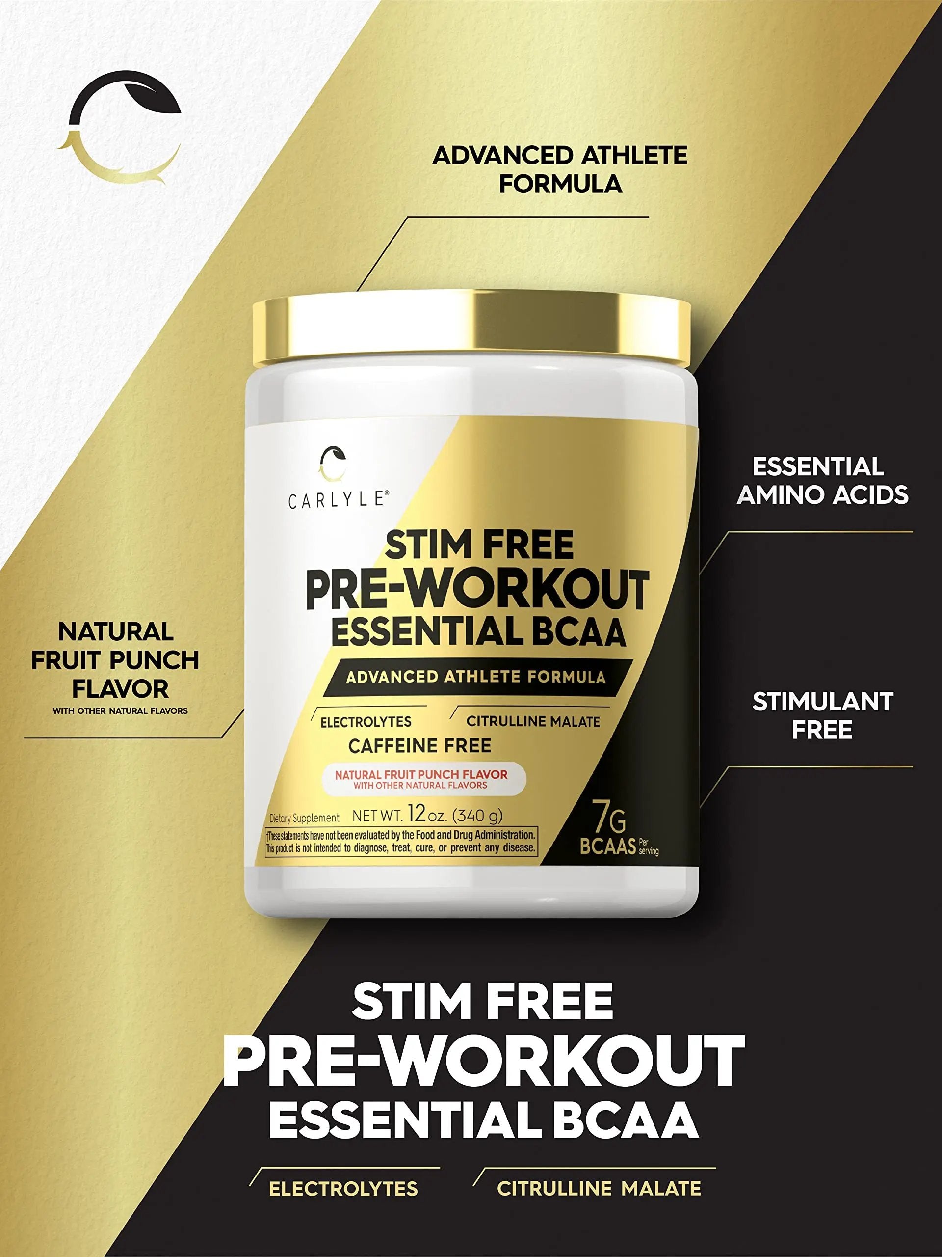 Carlyle Stim Free Pre Workout Powder | BCAA Amino Acids | 7g BCAA | Fruit Punch Flavor | Non-GMO and Gluten Free Supplement