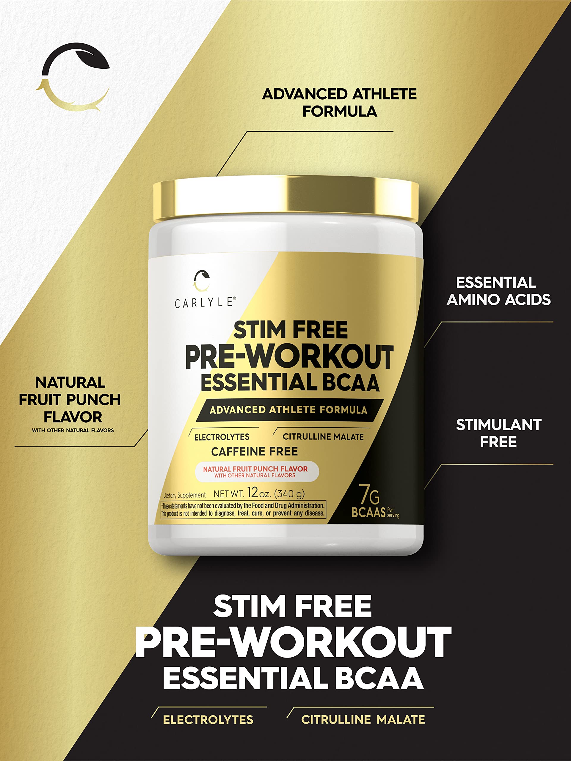 Carlyle Stim Free Pre Workout Powder | BCAA Amino Acids | 7g BCAA | Fruit Punch Flavor | Non-GMO and Gluten Free Supplement