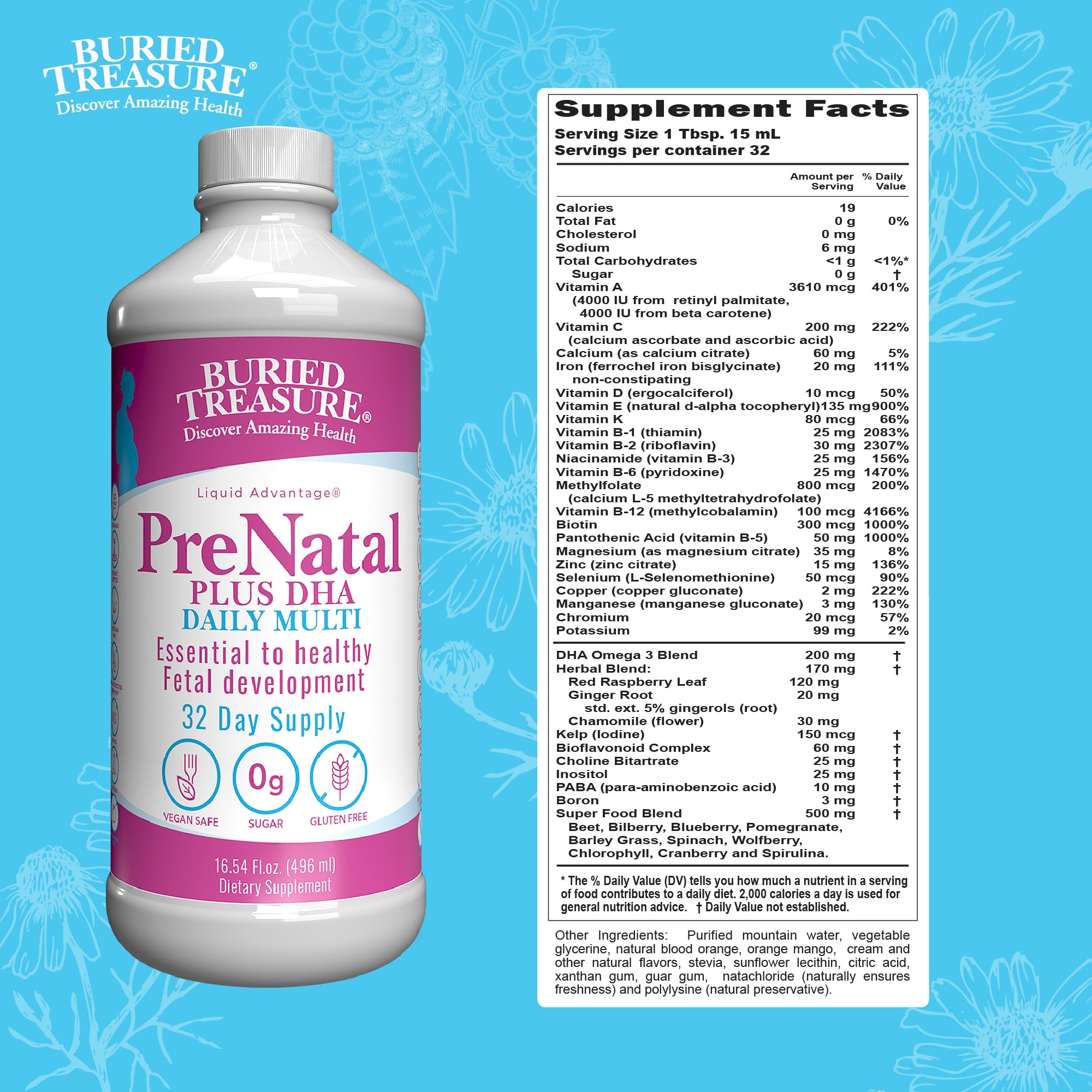 Buried Treasure Prenatal Plus DHA Complete, 16 oz, Natural DHA Omega3 Iron Buried Treasure