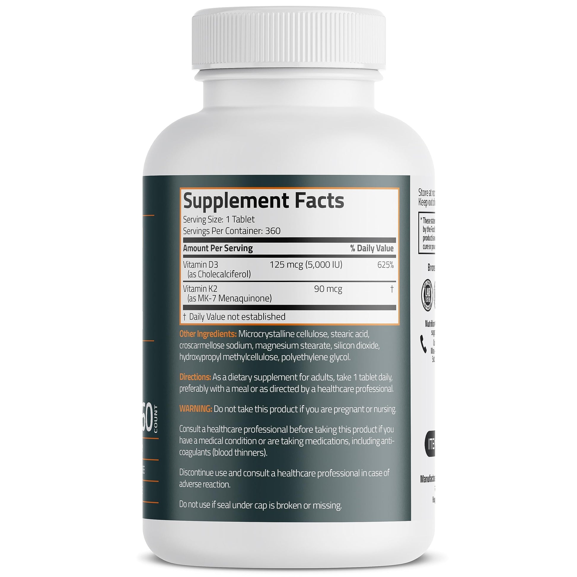 Bronson Basics Vitamin K2 D3 (MK7) Supplement Non-GMO Formula 5000IU (125 mcg) Bronson