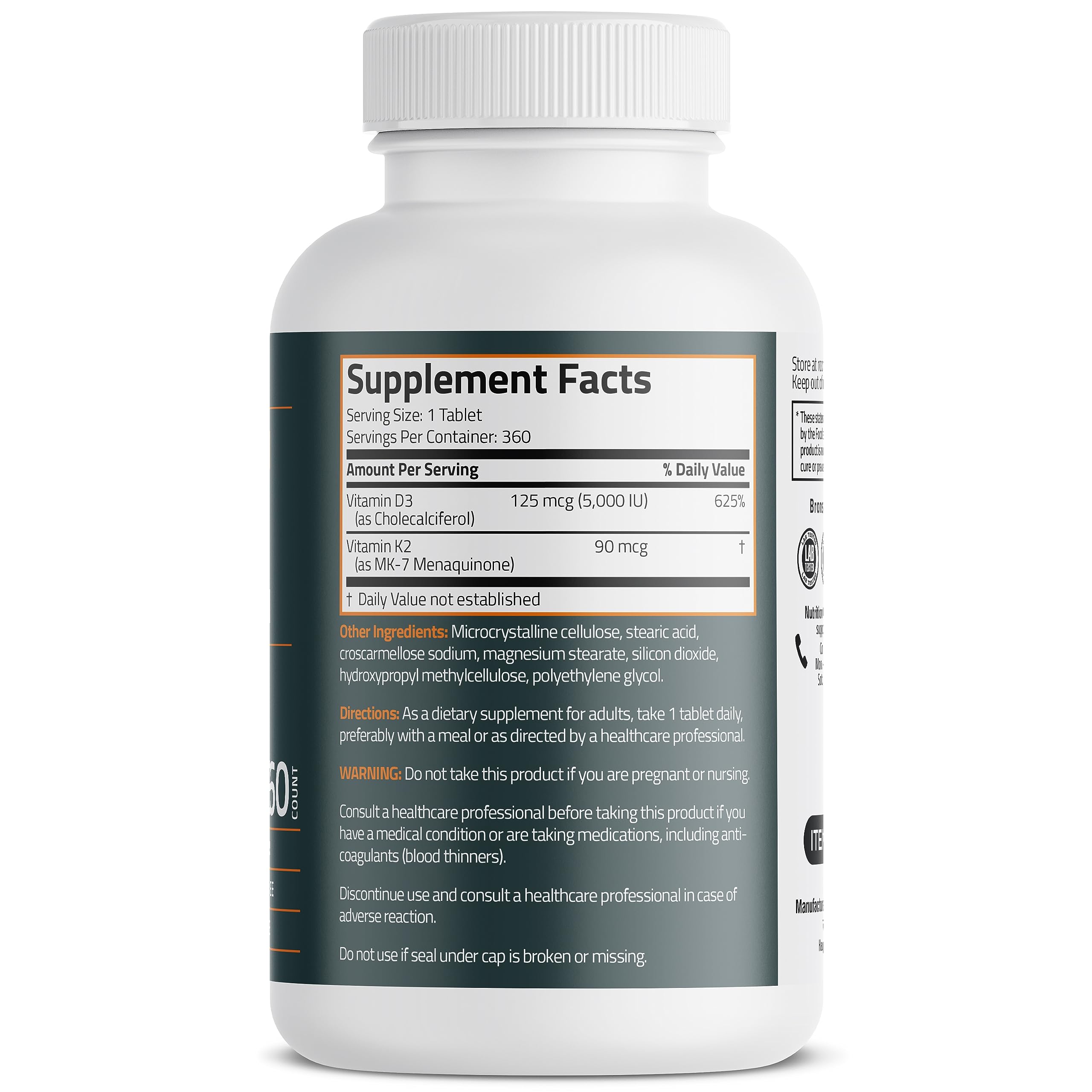 Bronson Basics Vitamin K2 D3 (MK7) Supplement Non-GMO Formula 5000IU (125 mcg) Bronson