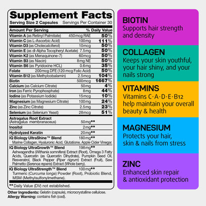 IQ BIOLOGY Biotin Collagen Keratin Astragalus Magnesium Ashwagandha Vitamin D3 Vitamin C