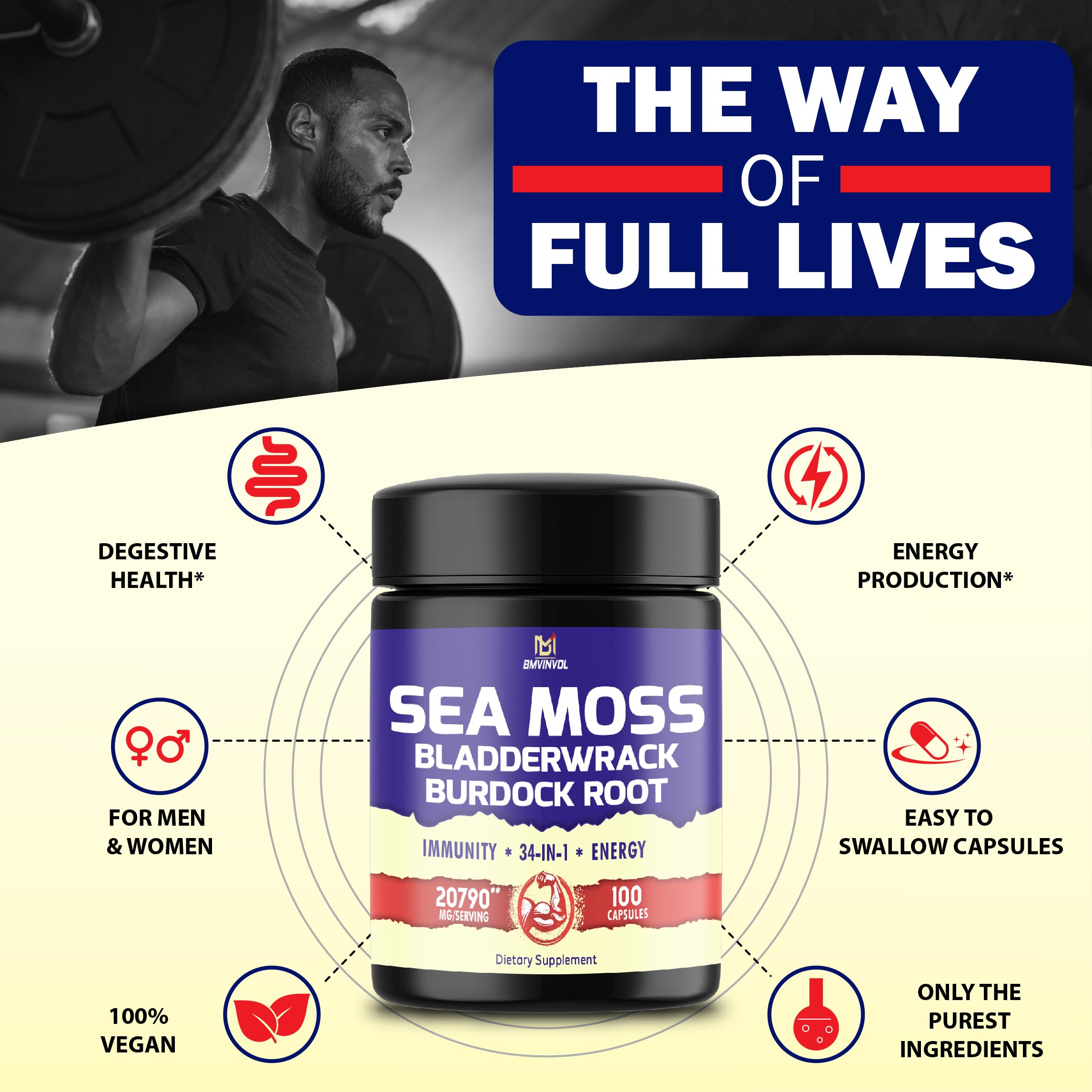 BMVINVOL 100 Capsules - Sea Moss Capsules 20790mg with Bladderwrack, Burdock BMVINVOL