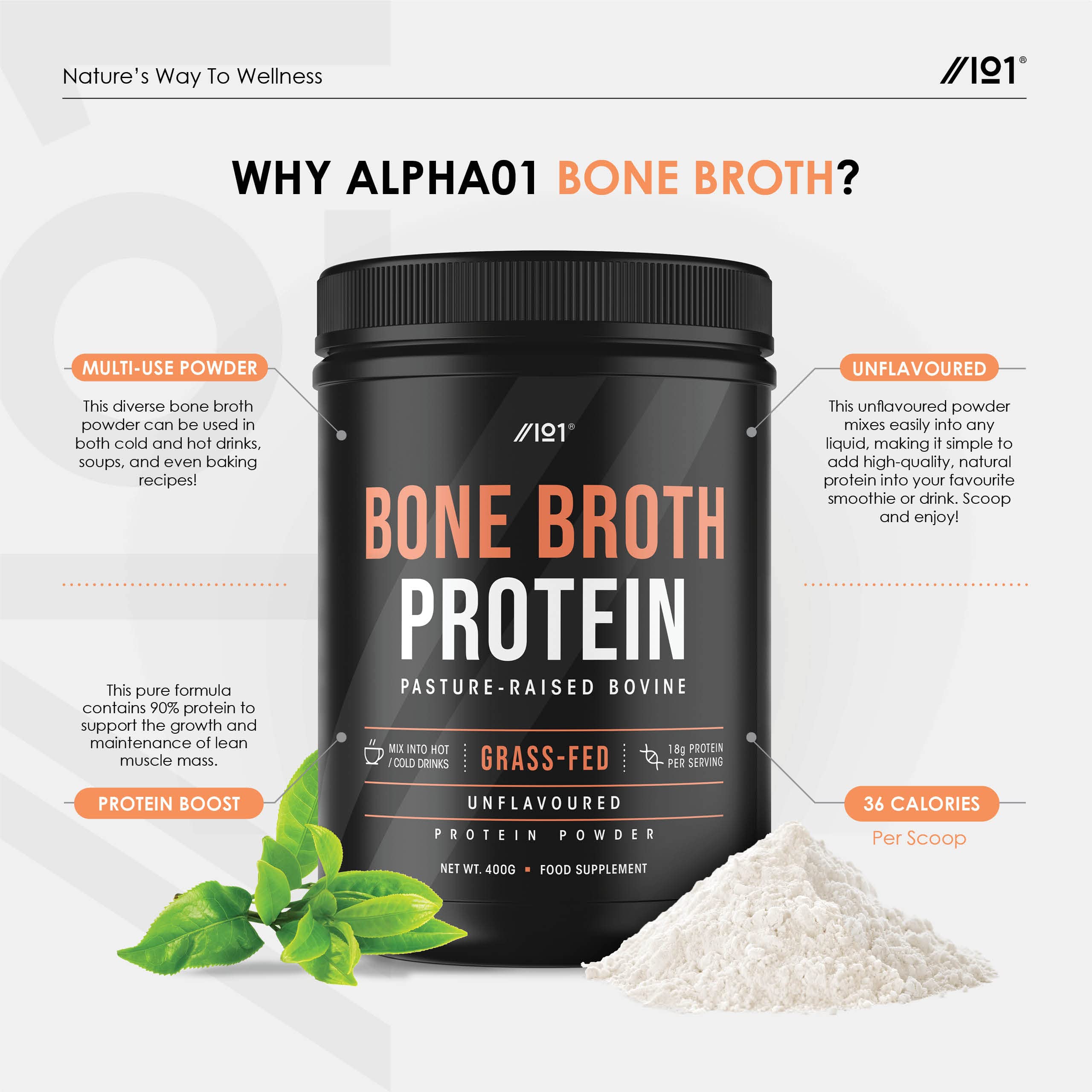 Bone Broth Beef Protein Powder - 400g - Unflavoured - 100% Grass-Fed & Pasture Raised Beef ALPHA01