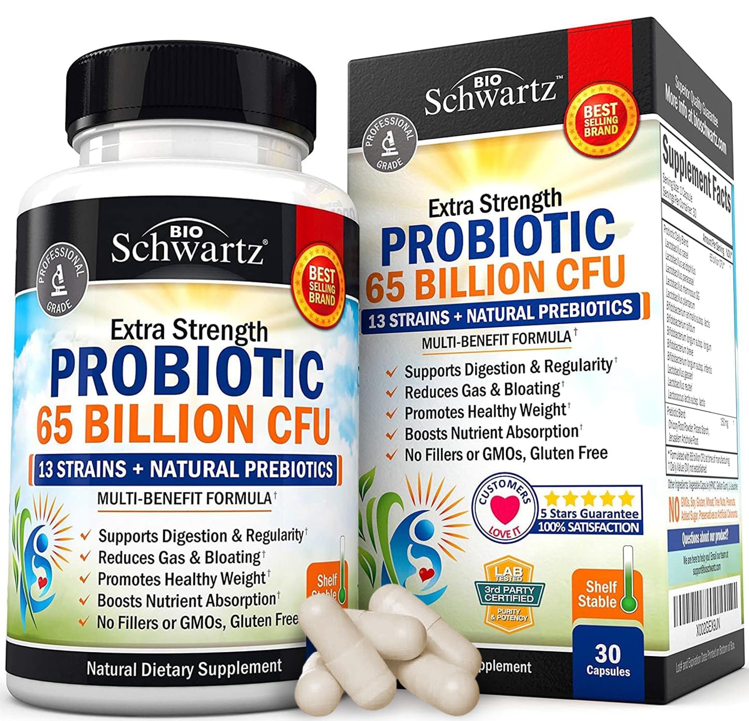 Probiotic 65 Billion - Probiotics with Prebiotic for Women & Men - Lactobacillus 