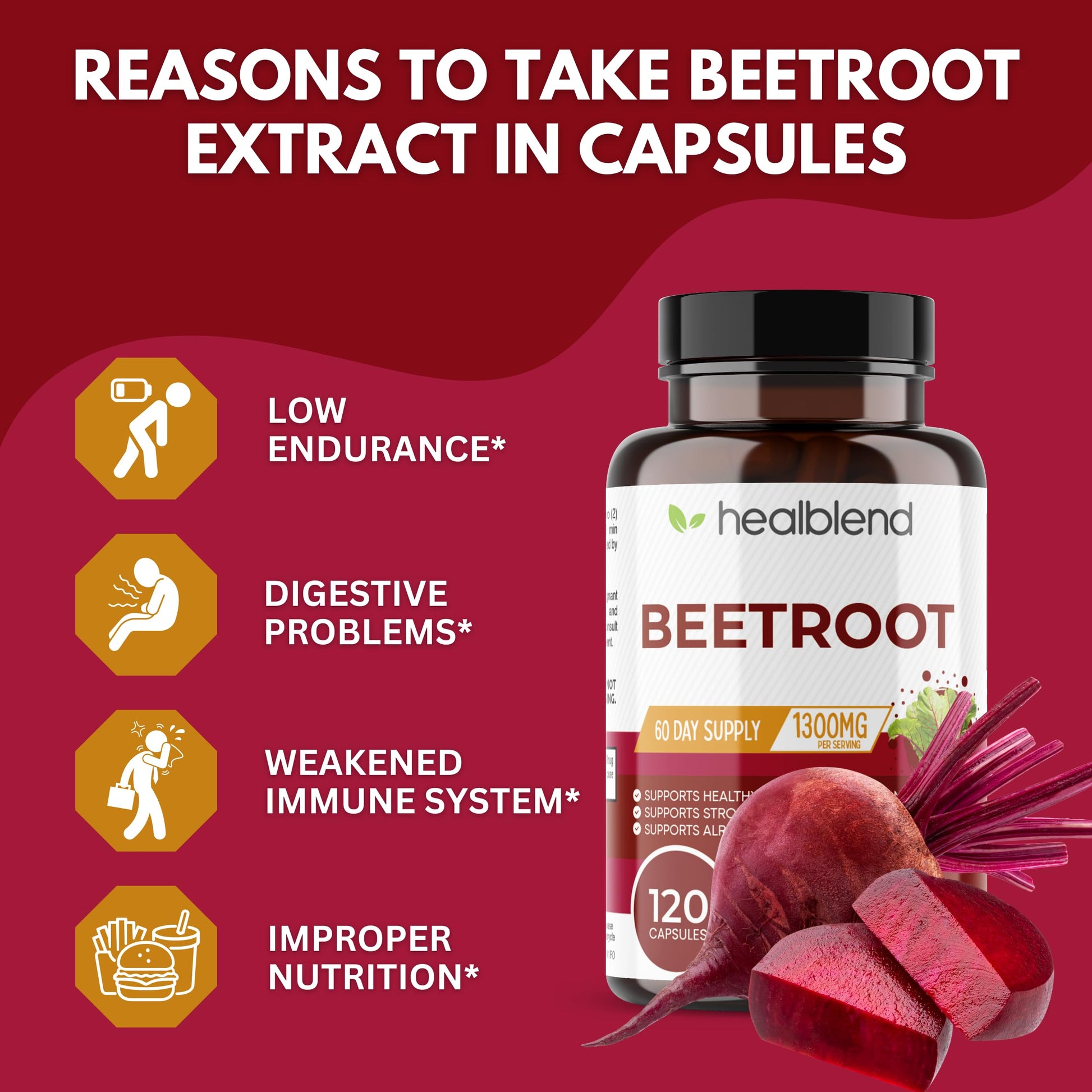 healblend Organic Nitric Oxide Beet Root Capsules 1300mg - Support Immune System, Nitric Oxide Booster - 120 Count