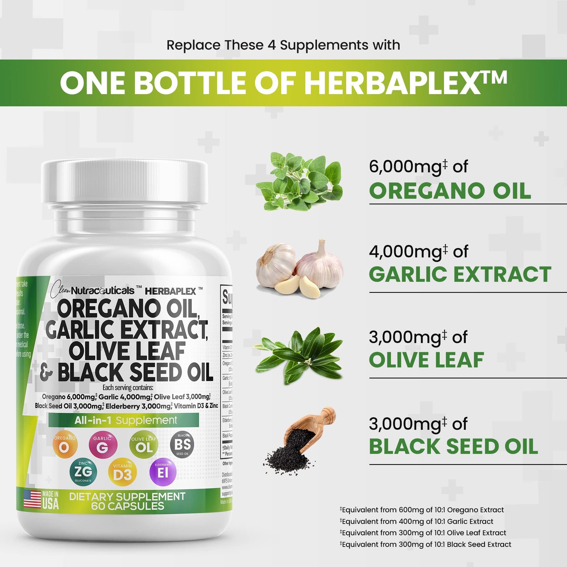 Oregano Oil 6000mg Garlic Extract 4000mg Olive Leaf 3000mg Black Seed