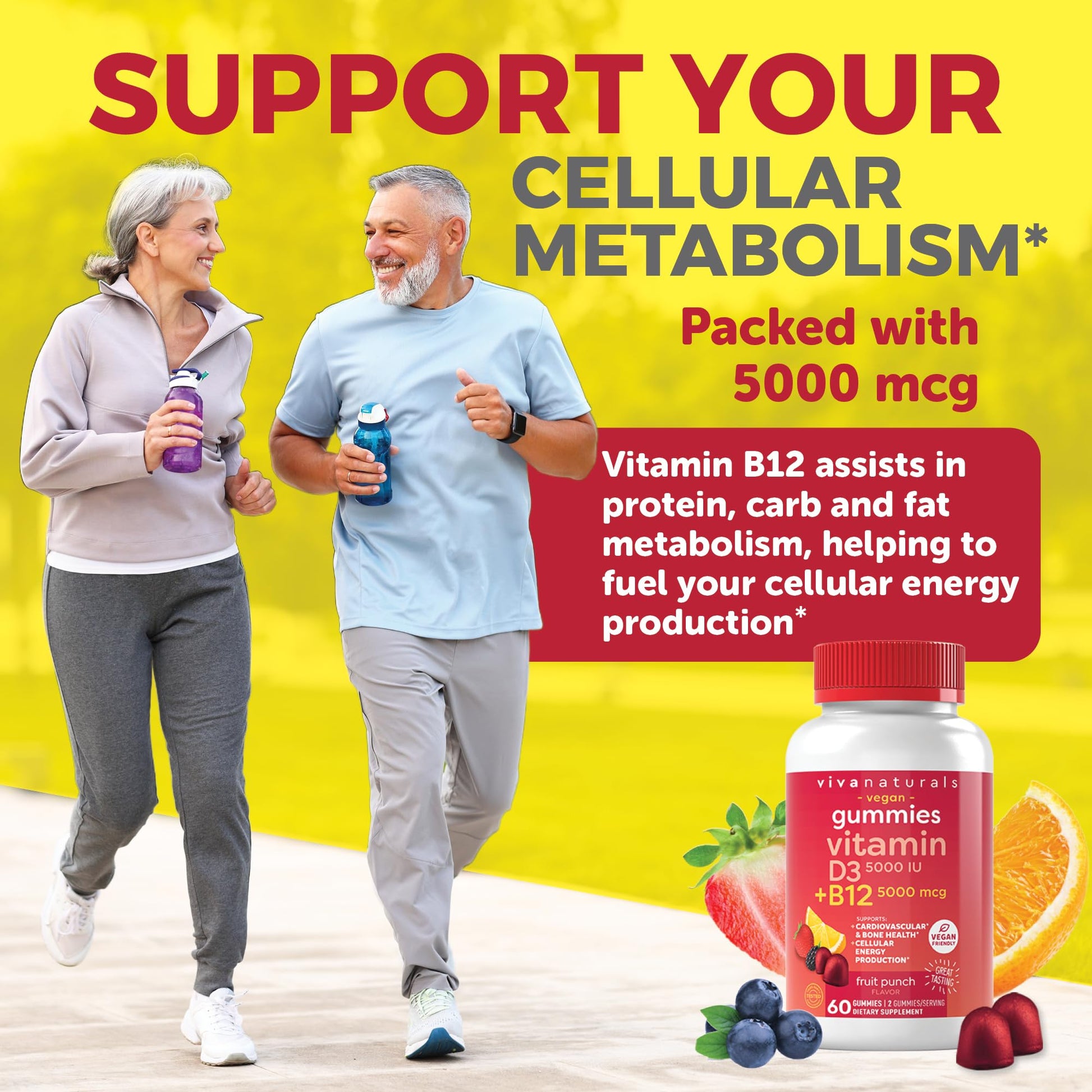 Viva Naturals Plant-Based B12 Gummies with Vitamin D3 - Chewable 5000mcg B12 Viva Naturals