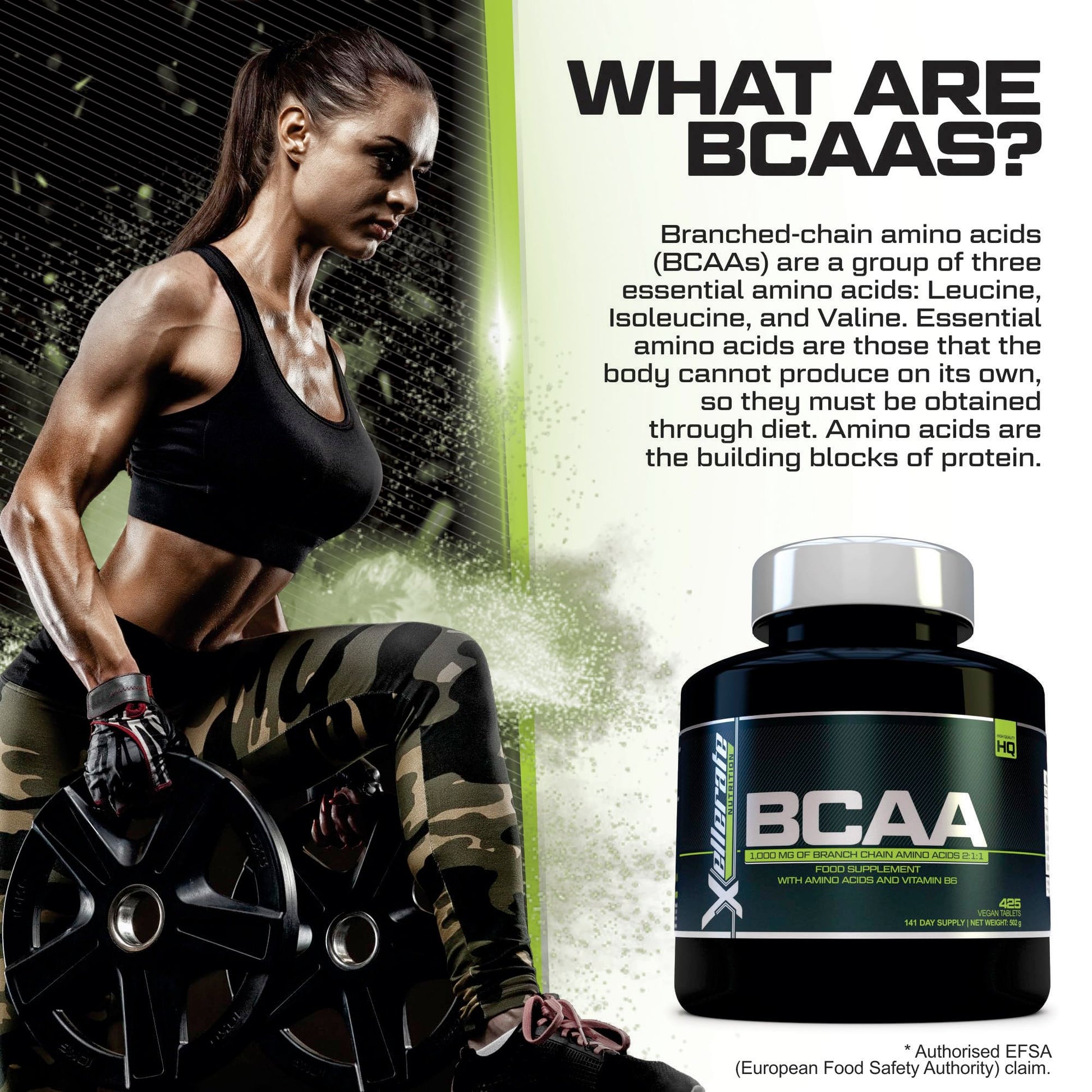 BCAA 1000mg - 425 Vegan Tablets - 3000mg Daily Serving - 141 Day Supply - 2:1:1 BCAAs Xellerate NUTRITION