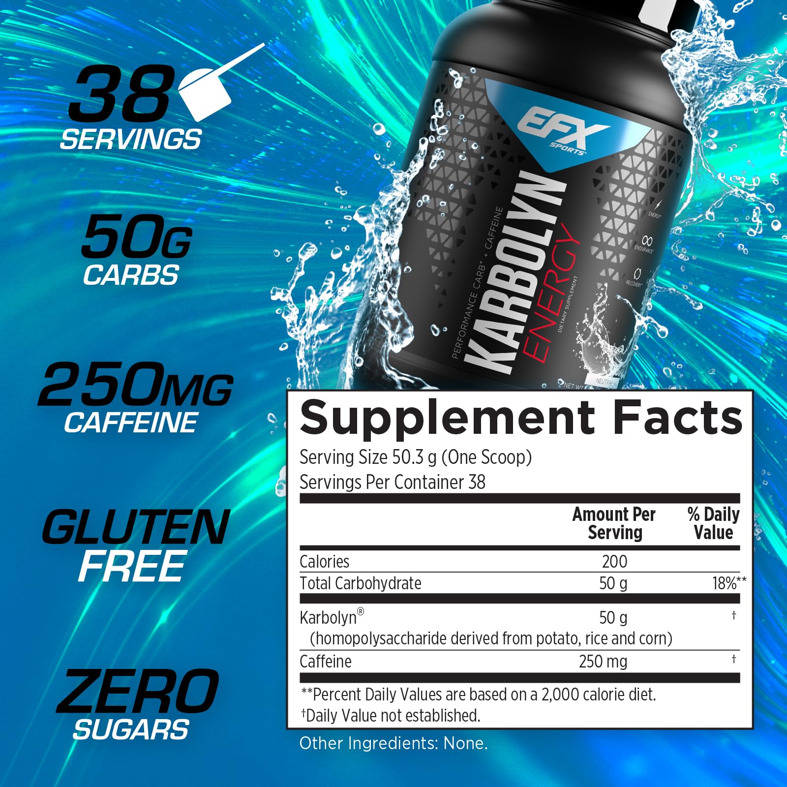 EFX Sports Karbolyn Energy | Performance Carbohydrate Powder + Caffeine | Carb Load & Energize | 250mg Caffeine | Sugar Free | 38 Servings (Neutral)