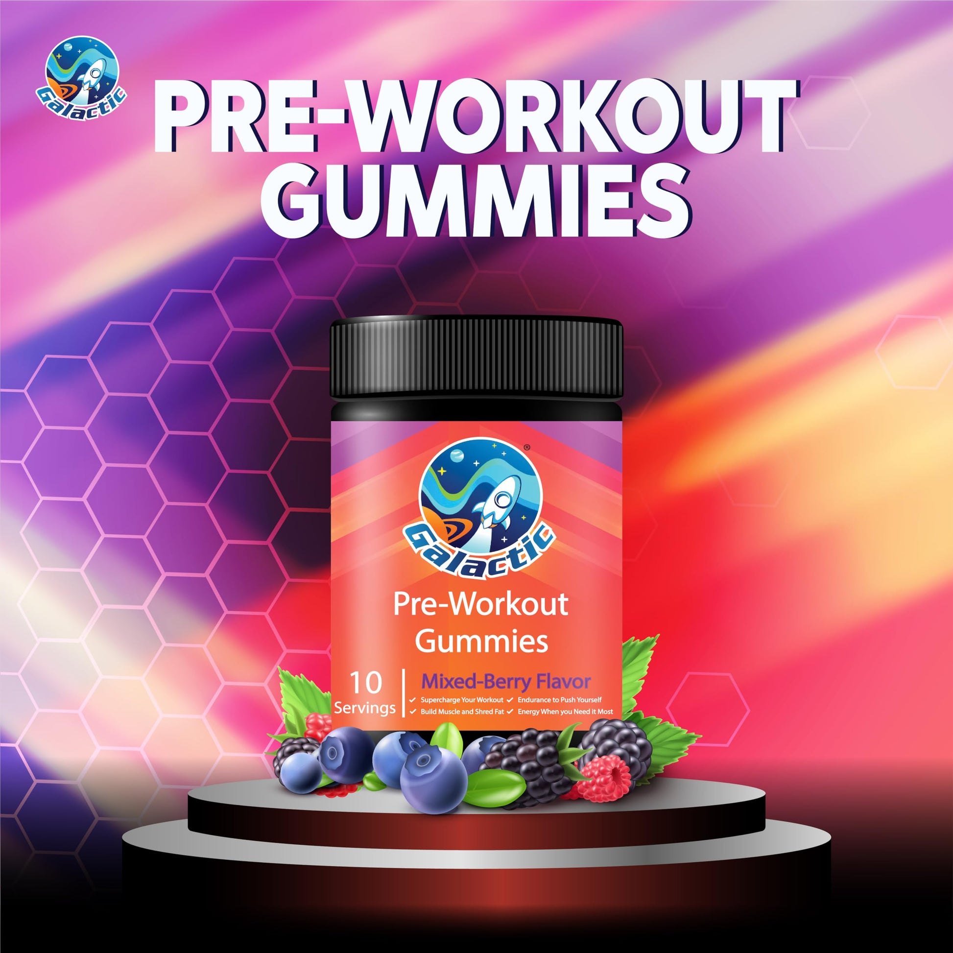 Galactic Pre-Workout Gummies, All Natural, 250mg Caffeine, Beta-Alanine, L-Citrulline, L-Theanine, Chromium Picolinate, 10 Servings