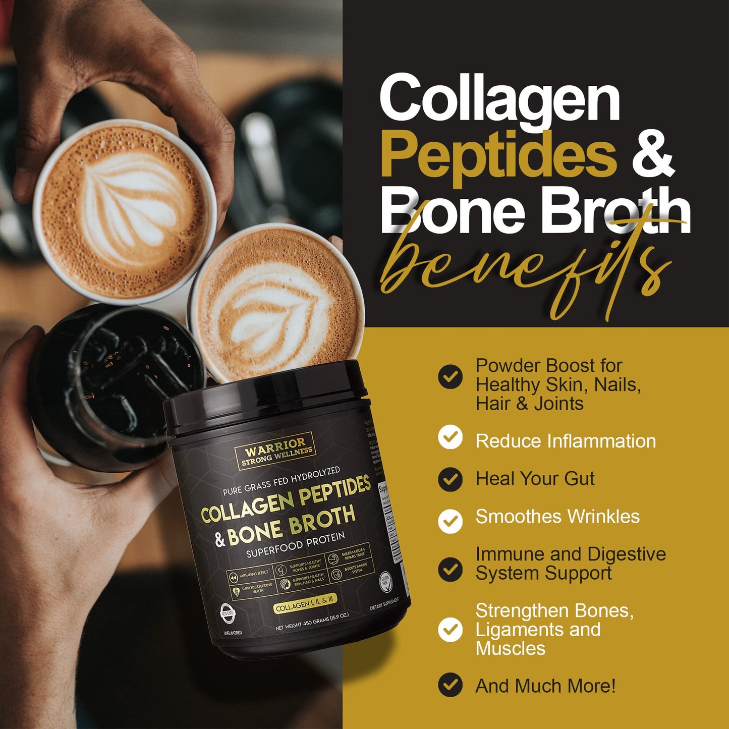 Warrior Strong Wellness Premium Collagen Peptides Bone Broth: Grass Fed Hydrolyzed