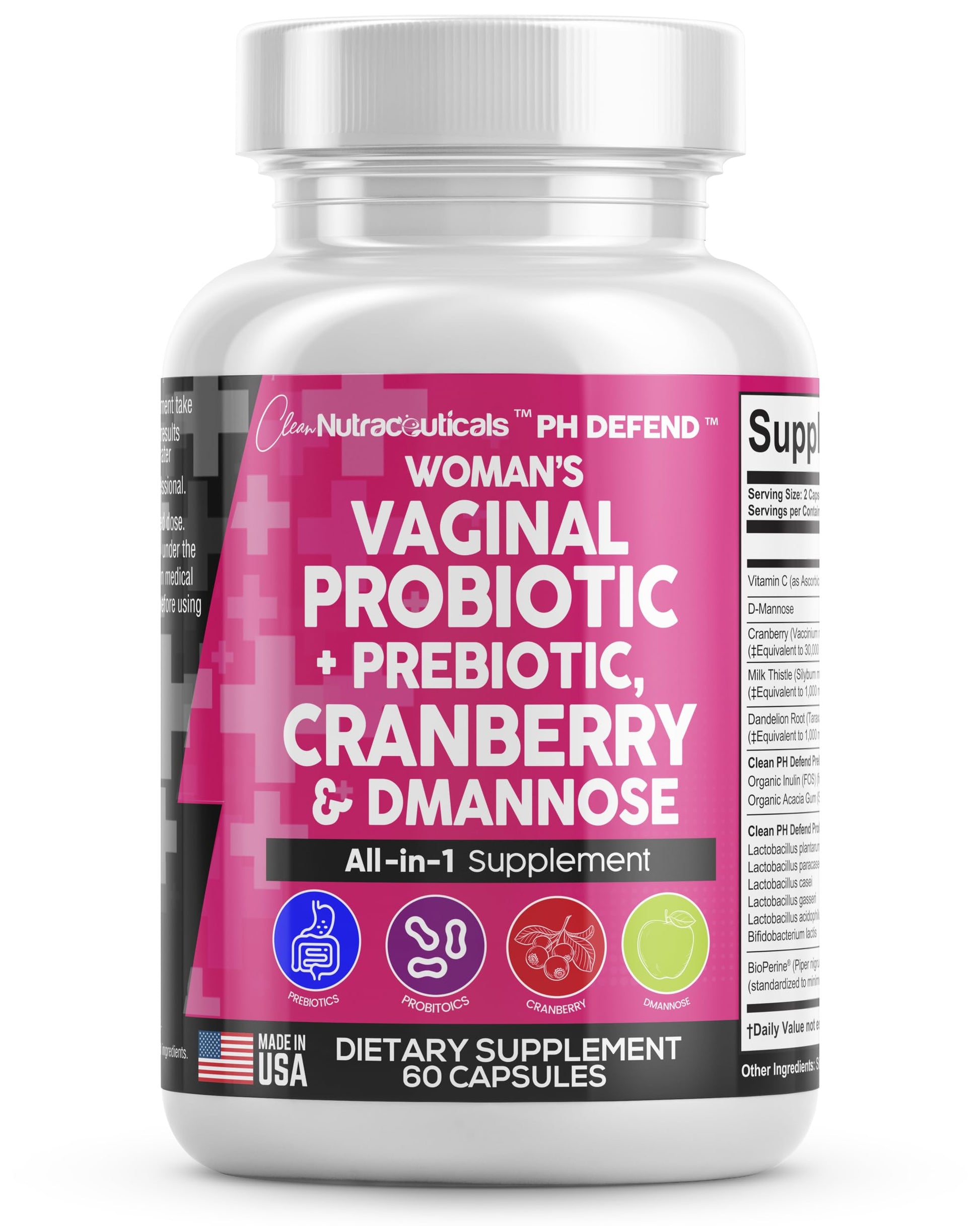 Vaginal Probiotics For Women + Prebiotics 20 Billion Cranberry Pills 30,000mg w/ D-Manno Clean Nutraceuticals