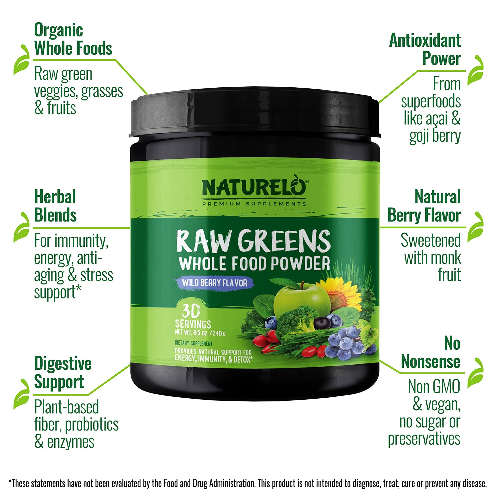 NATURELO Raw Greens Superfood Powder - Wild Berry Flavor - Boost Ener