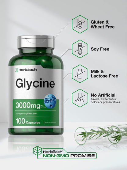 Glycine 3000 mg 100 Capsules | Non-GMO, Gluten Free Glycine Supplement | by Horbaach