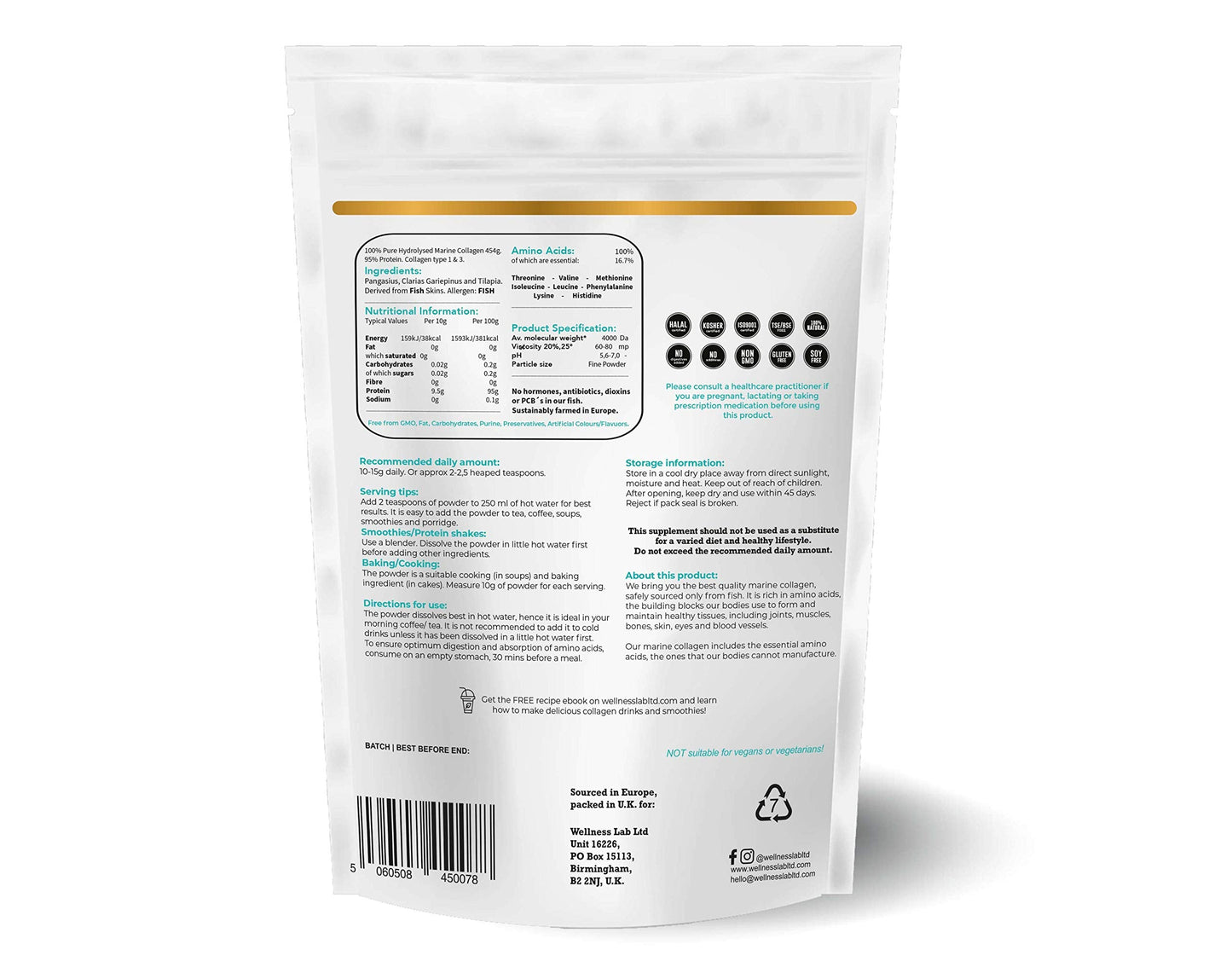 Cleanest Marine Collagen Peptides | Wellness Lab 454g | Type I,III | Highest Bioavailability Hydrolysed Protein