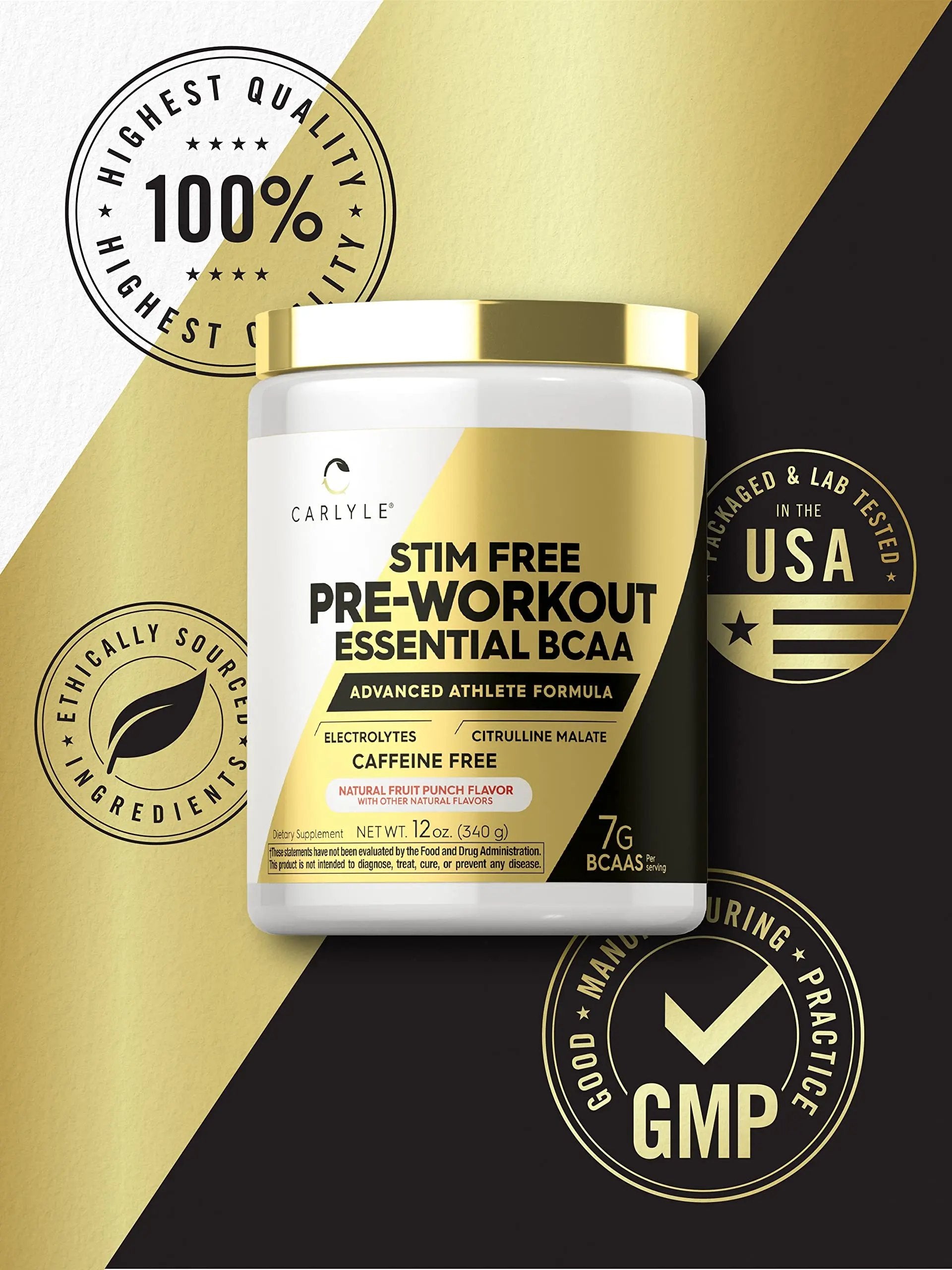 Carlyle Stim Free Pre Workout Powder | BCAA Amino Acids | 7g BCAA | Fruit Punch Flavor | Non-GMO and Gluten Free Supplement