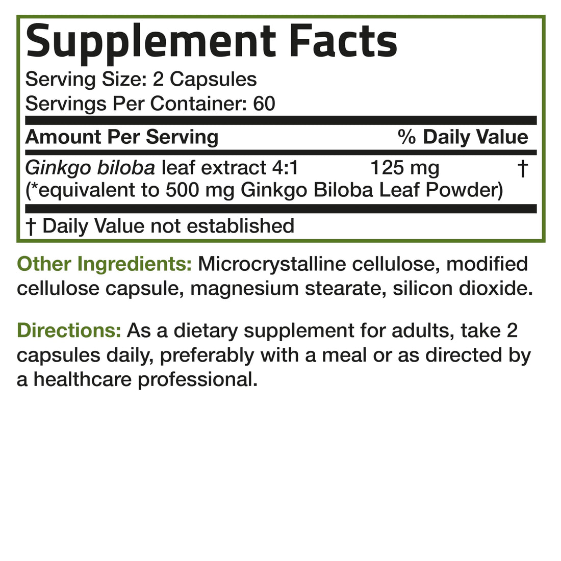 Bronson Ginkgo Biloba Extra Strength 125mg (4:1 Extract) Equivalent to 500mg