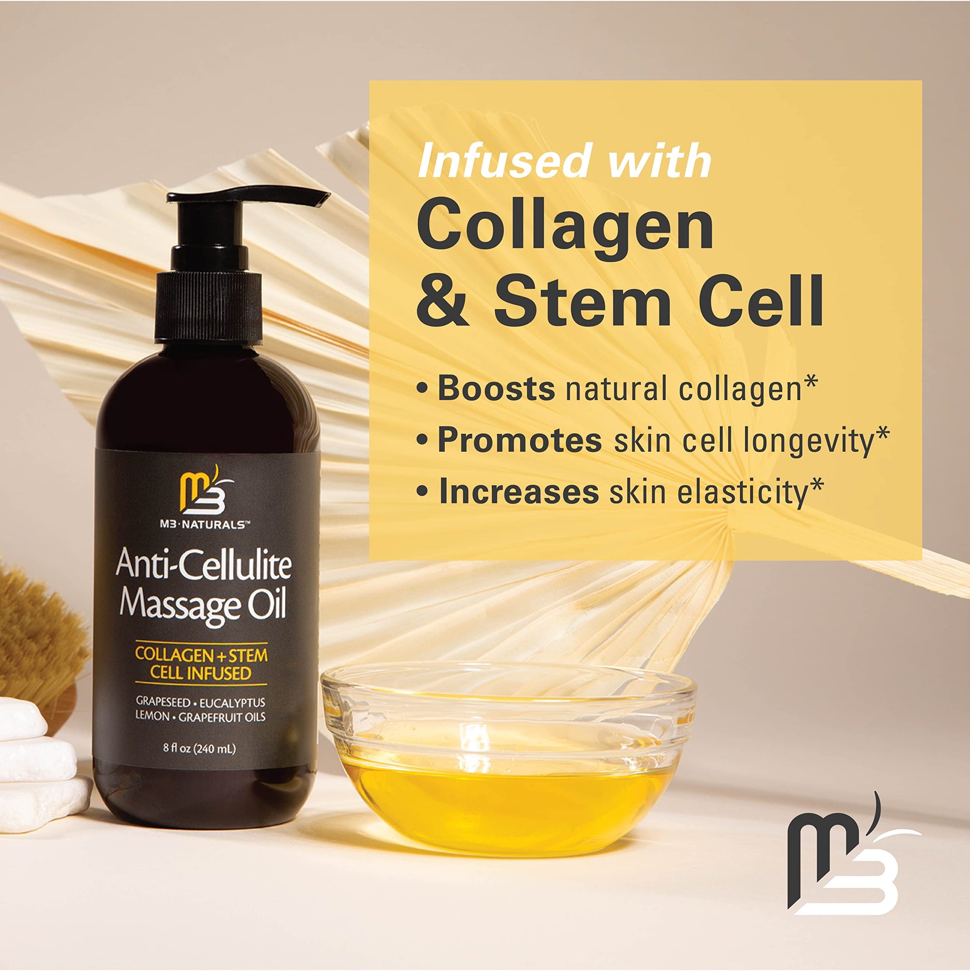 Anti Cellulite Massage Oil for Massage Therapy - Collagen and Stem Cell Skin Tightening M3 Naturals