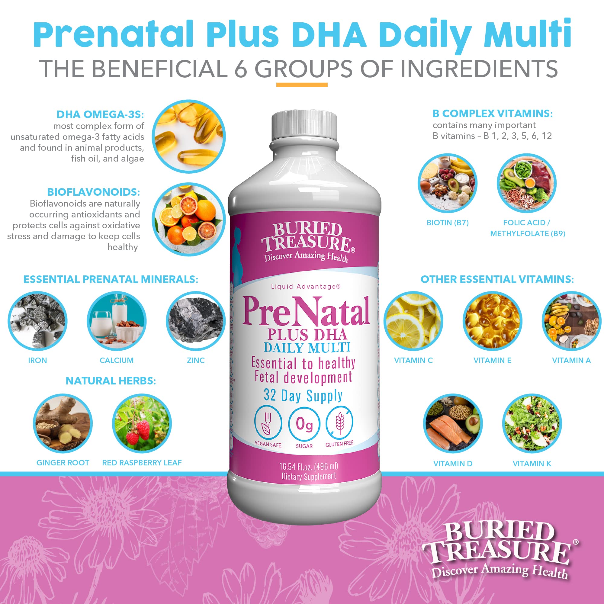 Buried Treasure Prenatal Plus DHA Complete, 16 oz, Natural DHA Omega3 Iron Buried Treasure