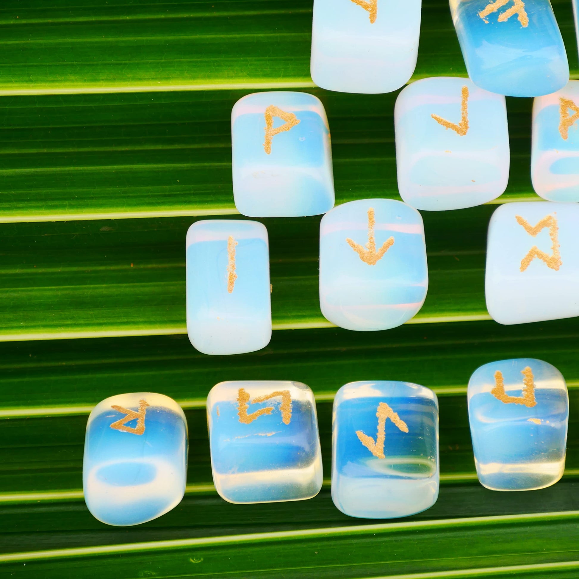 Opalite Rune Stone - Rune Set - Engraved Elder Futhark Alphabet Symbols - Witchcraft Crystals QUIPSA