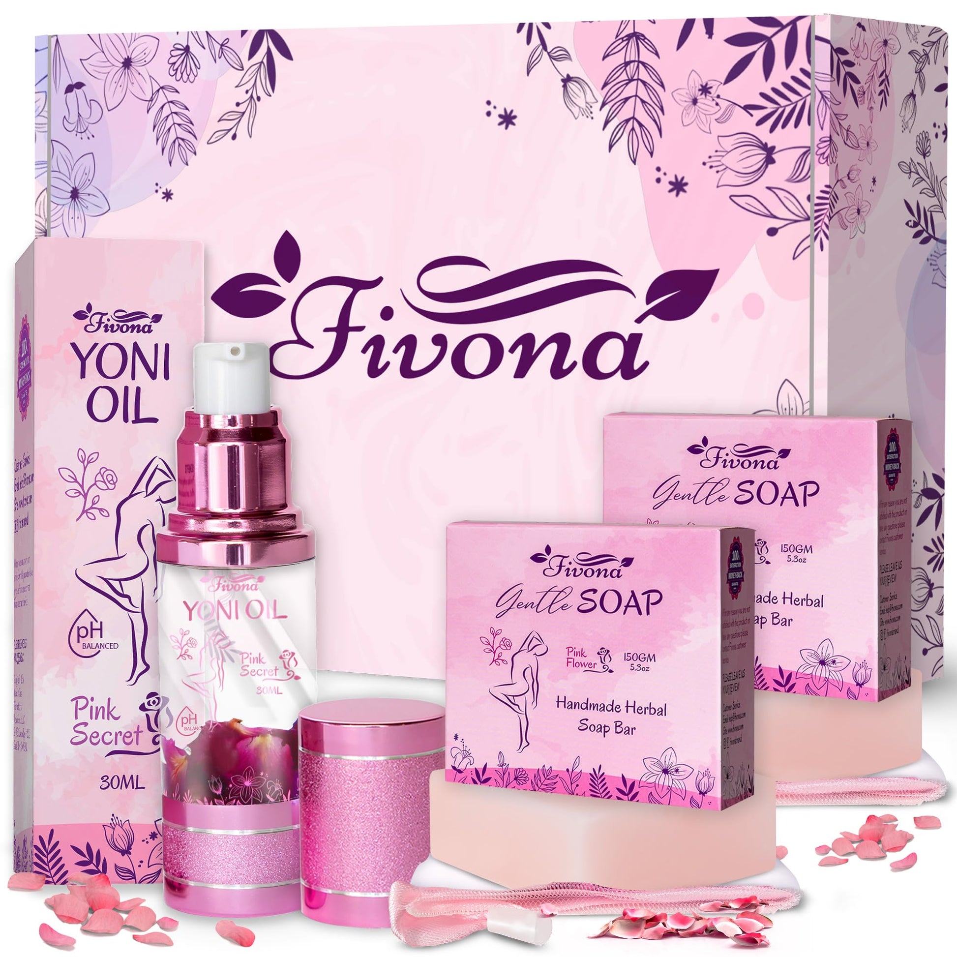 FIVONA 3 in 1 Set of Yoni Oil with 2 Yoni Soap Bars - Feminine pH Balanced Natural Vaginal Oil 30 ml