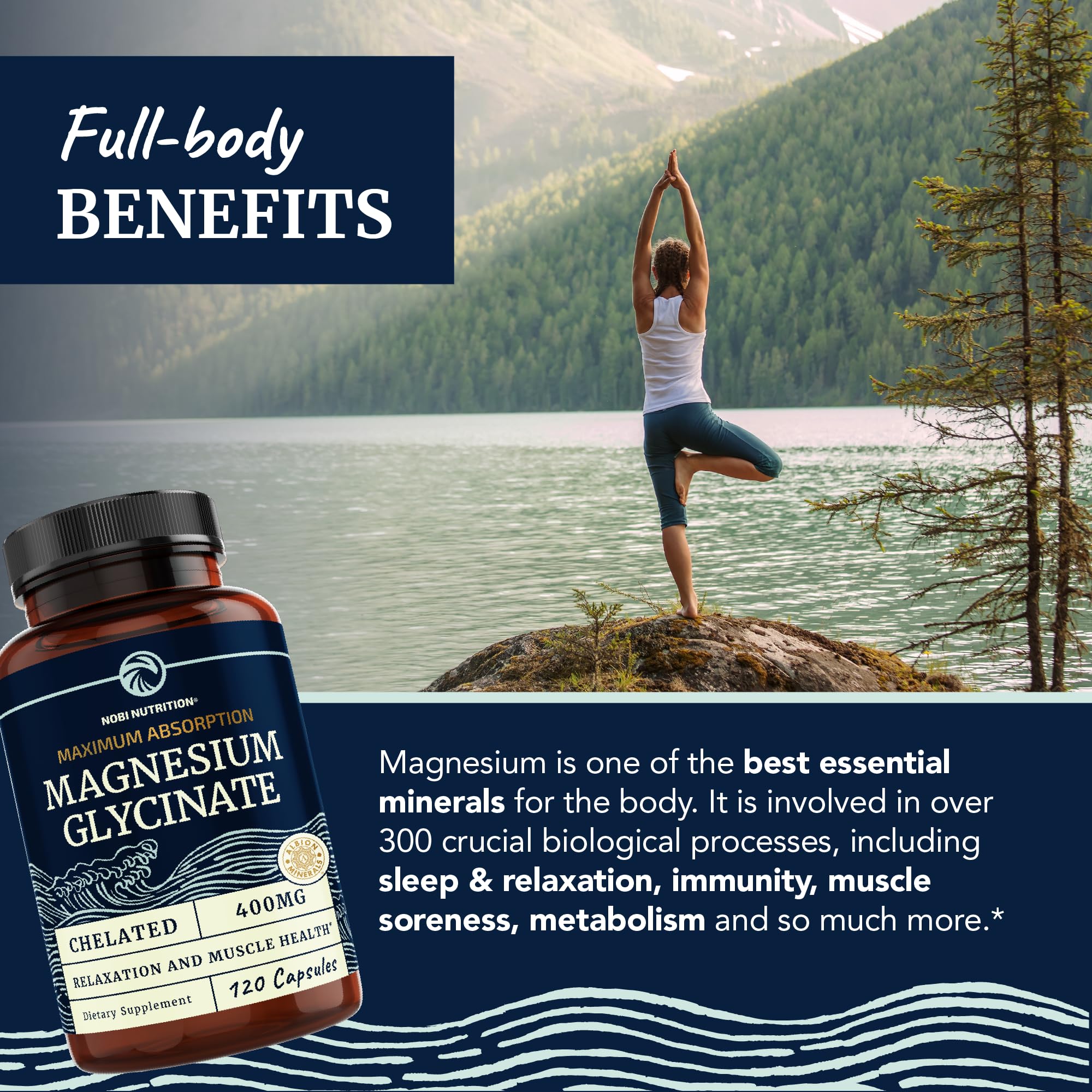 Magnesium Bisglycinate 400mg | Chelated Bisglycinate for Muscle Relaxation, Bones Nobi Nutrition