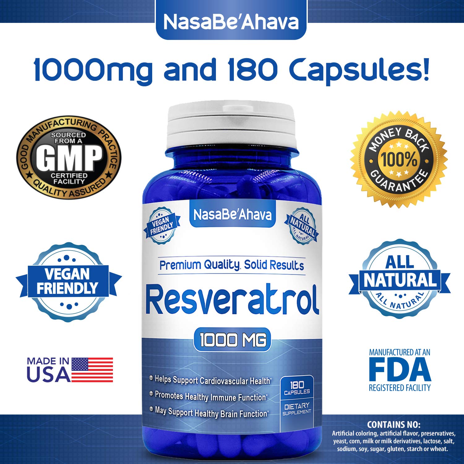 NASA Beahava 100% Pure Resveratrol - 1000mg Per Serving Max Strength (180 Capsules) NasaBeahava