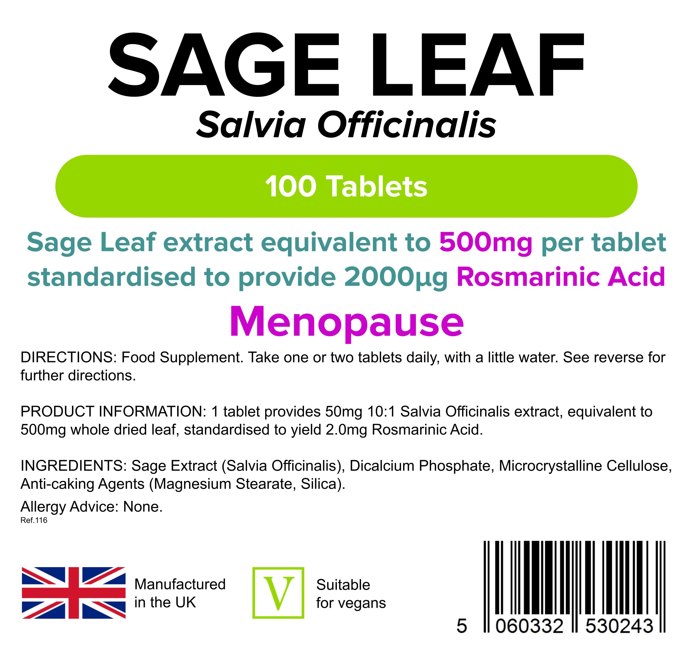 Lindens Sage Leaf 500mg 100 Tablets (Hot Flushes/flashes & Sweats in Menopause) Lindens